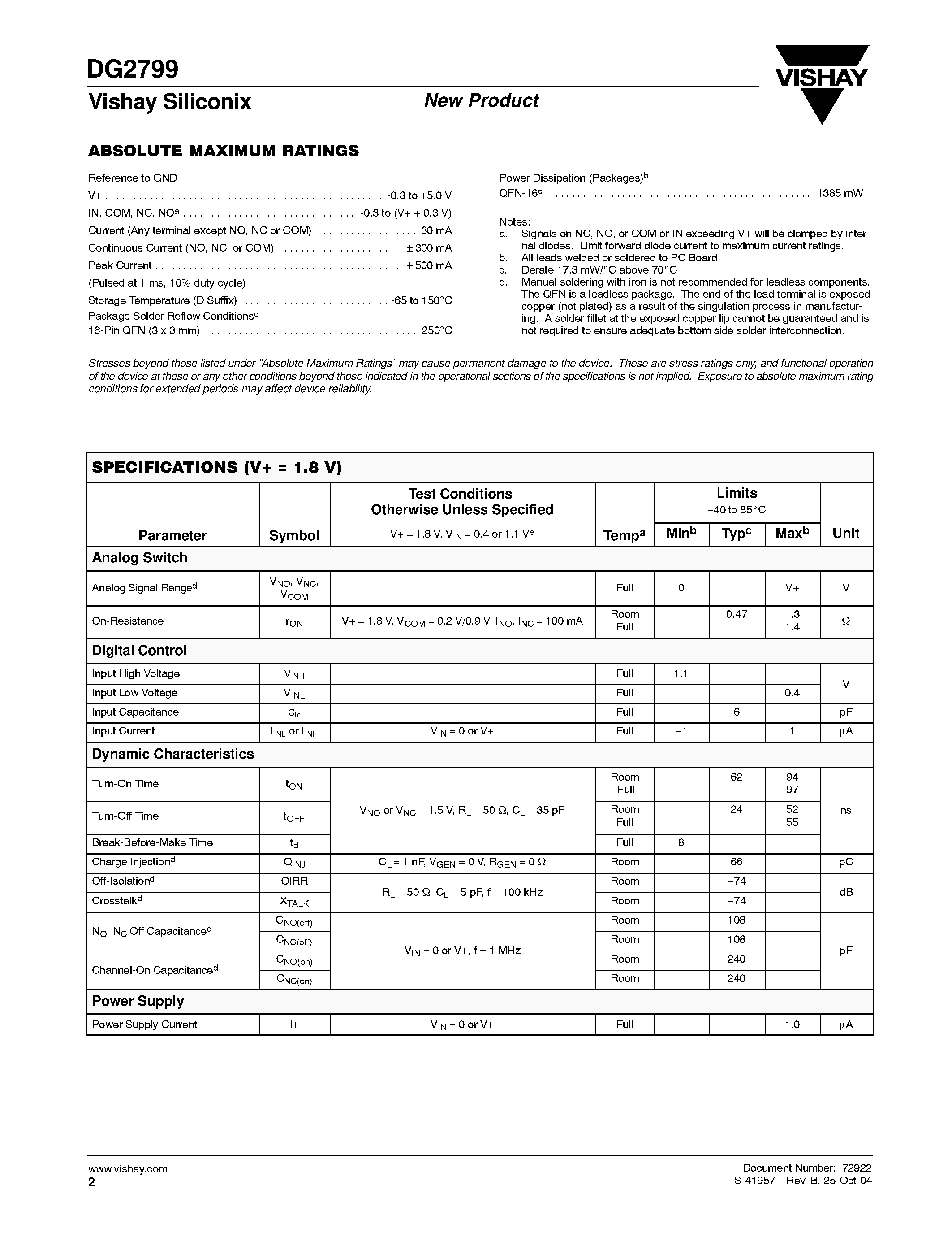 Даташит DG2799 - Dual DPDT Analog Switch страница 2