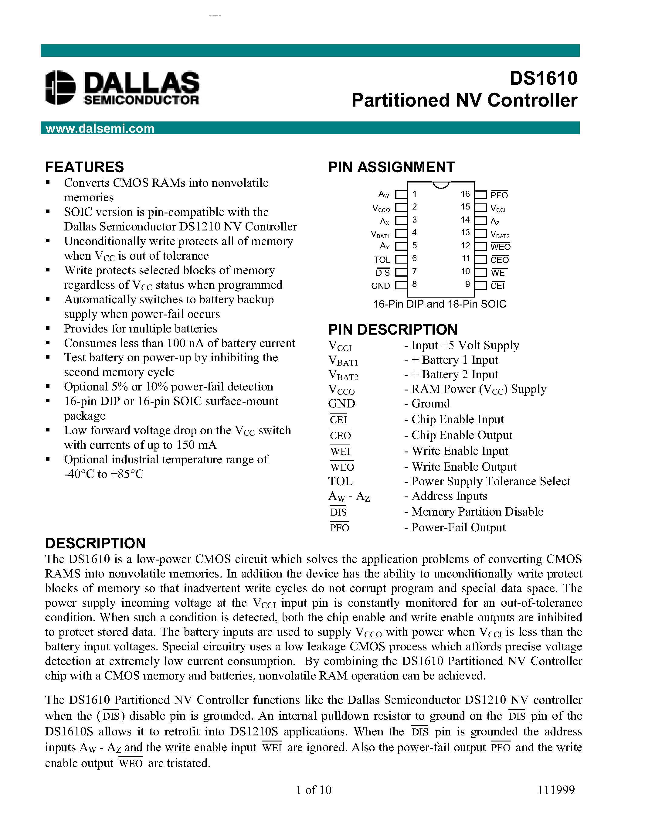 Datasheet DS1610 - Partitioned NV Controller page 1