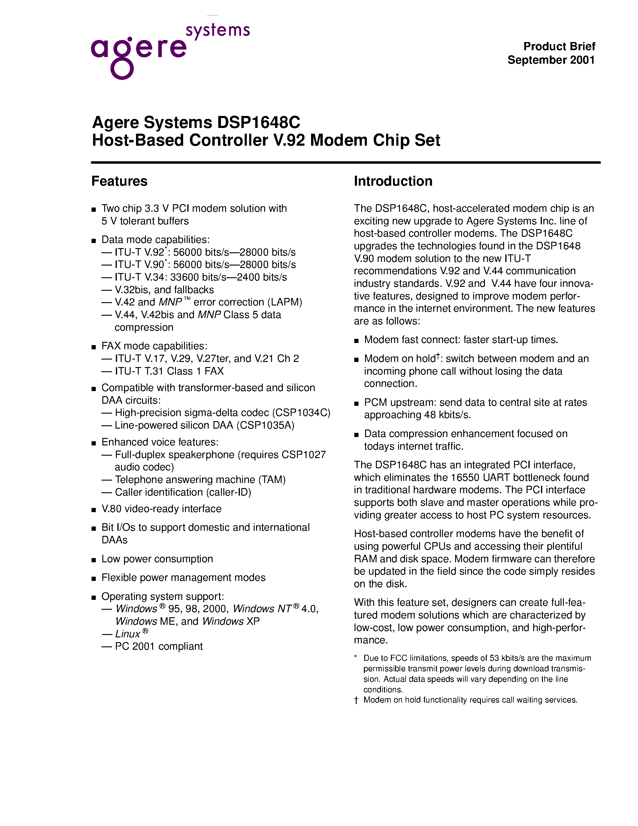 Datasheet DSP1648C - Host-Based Controller V.92 Modem Chip Set page 1