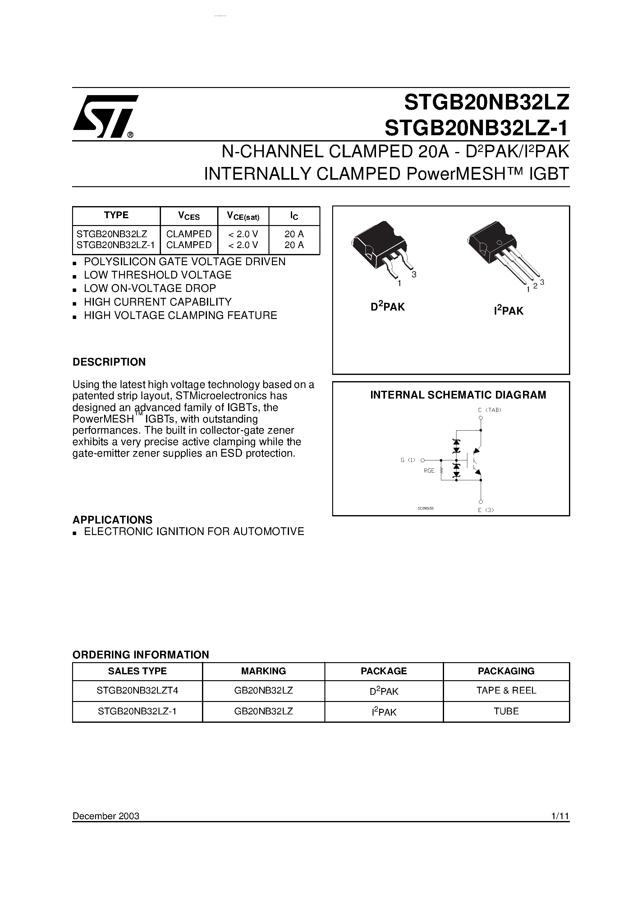 Даташит GB20NB32LZ - N-CHANNEL PowerMESH TM IGBT страница 1