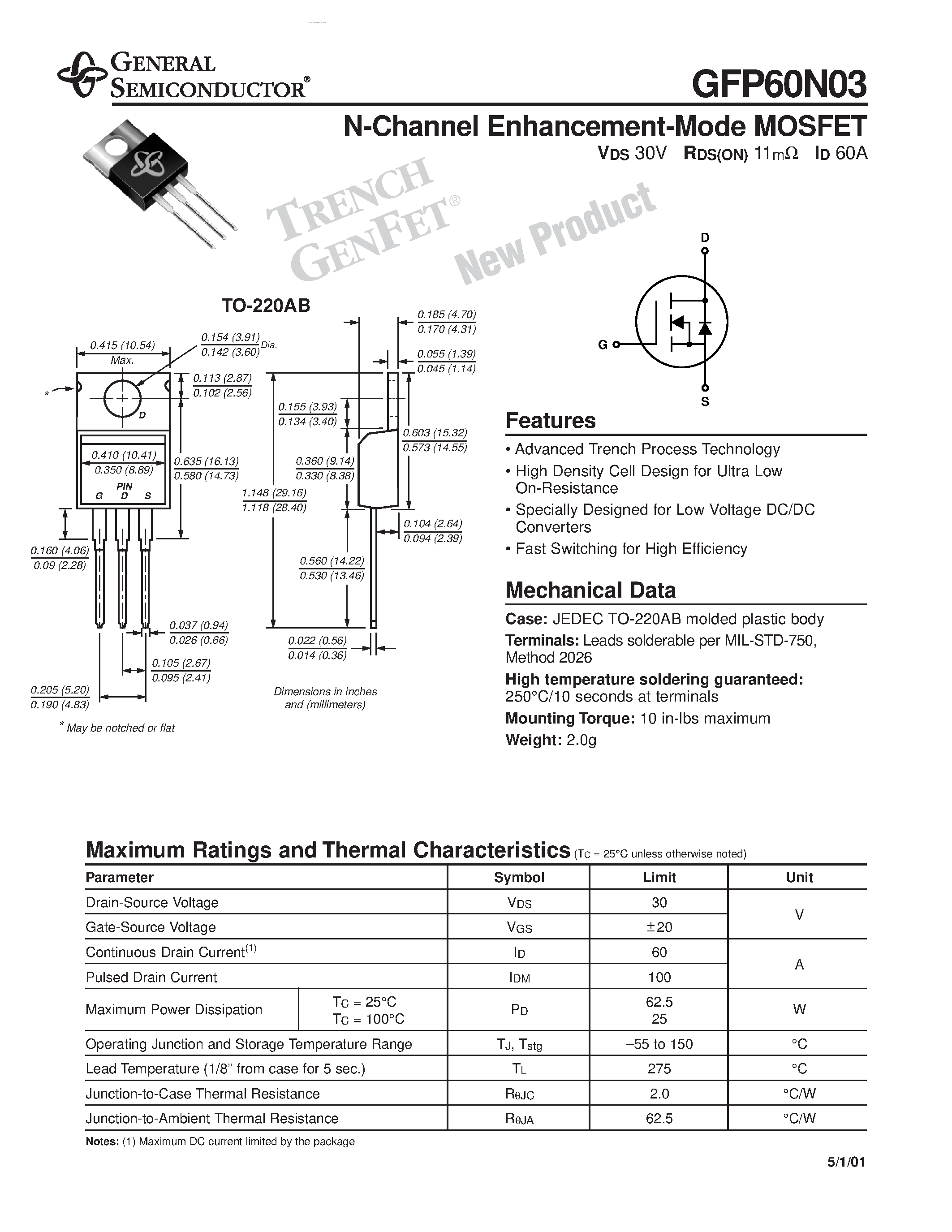 Datasheet GFP60N03 - N-Channel Enhancement-Mode MOSFET page 1