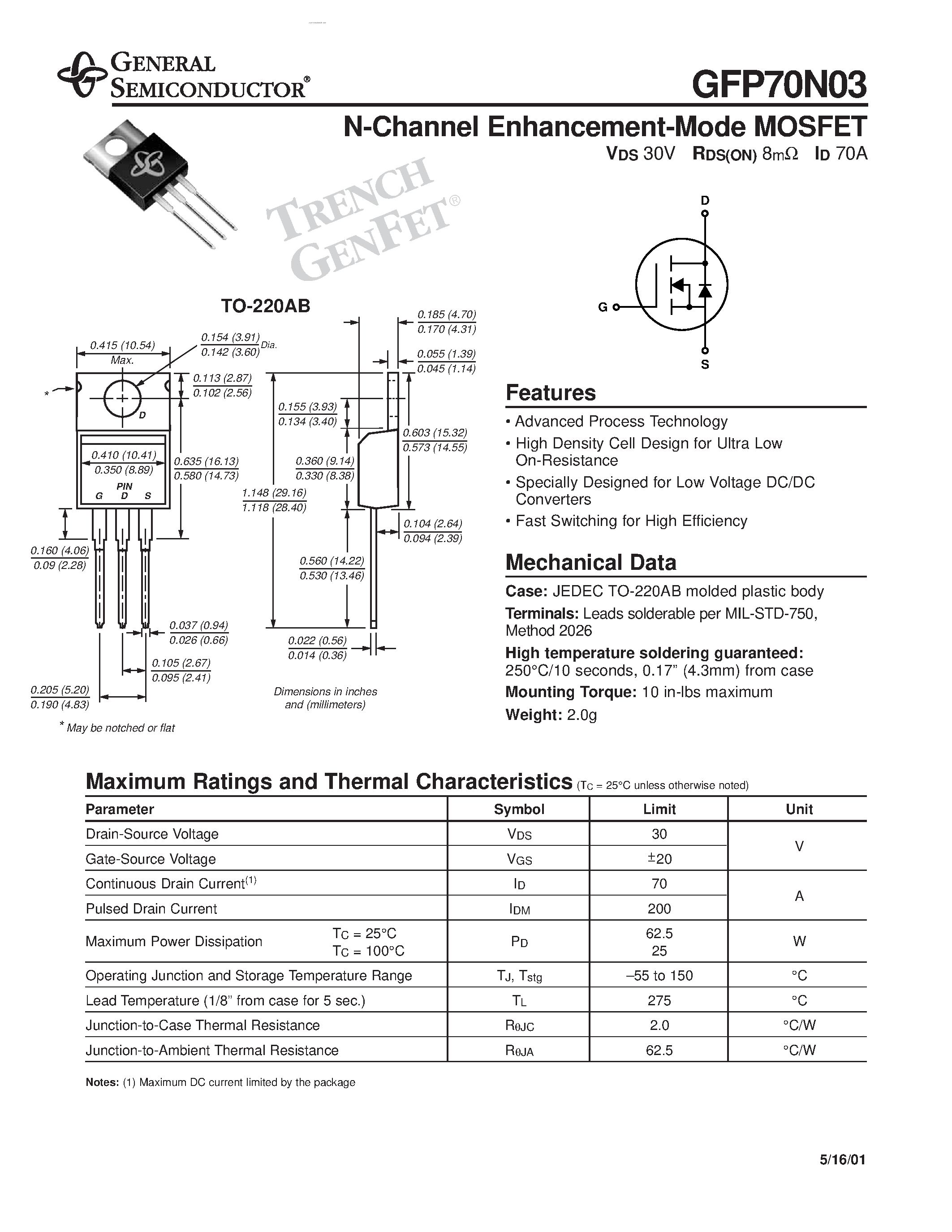 Datasheet GFP70N03 page 1 Datasheet GFP70N03 - N-Channel Enhancement-Mode MOSFET page 1