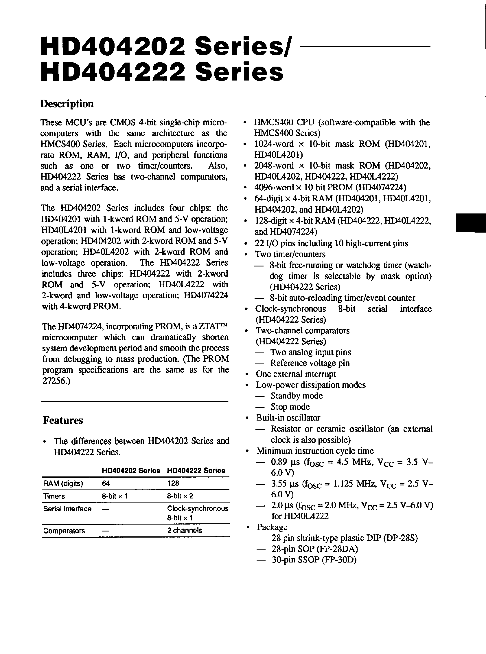 Datasheet HD404202 - (HD404202 / HD404222) CMOS 4-bit Single-Chip Microcomputers page 1
