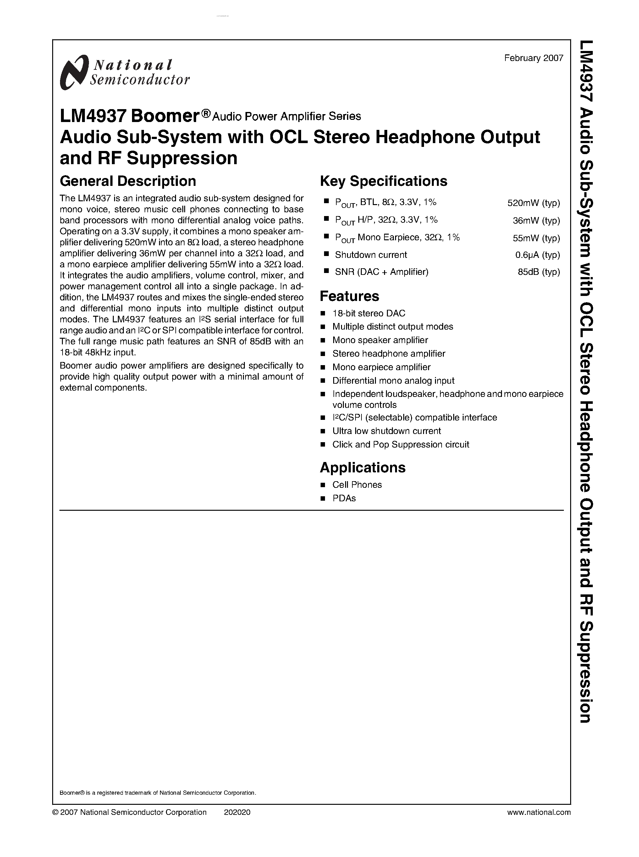 Datasheet LM4937 - Audio Sub-System page 1