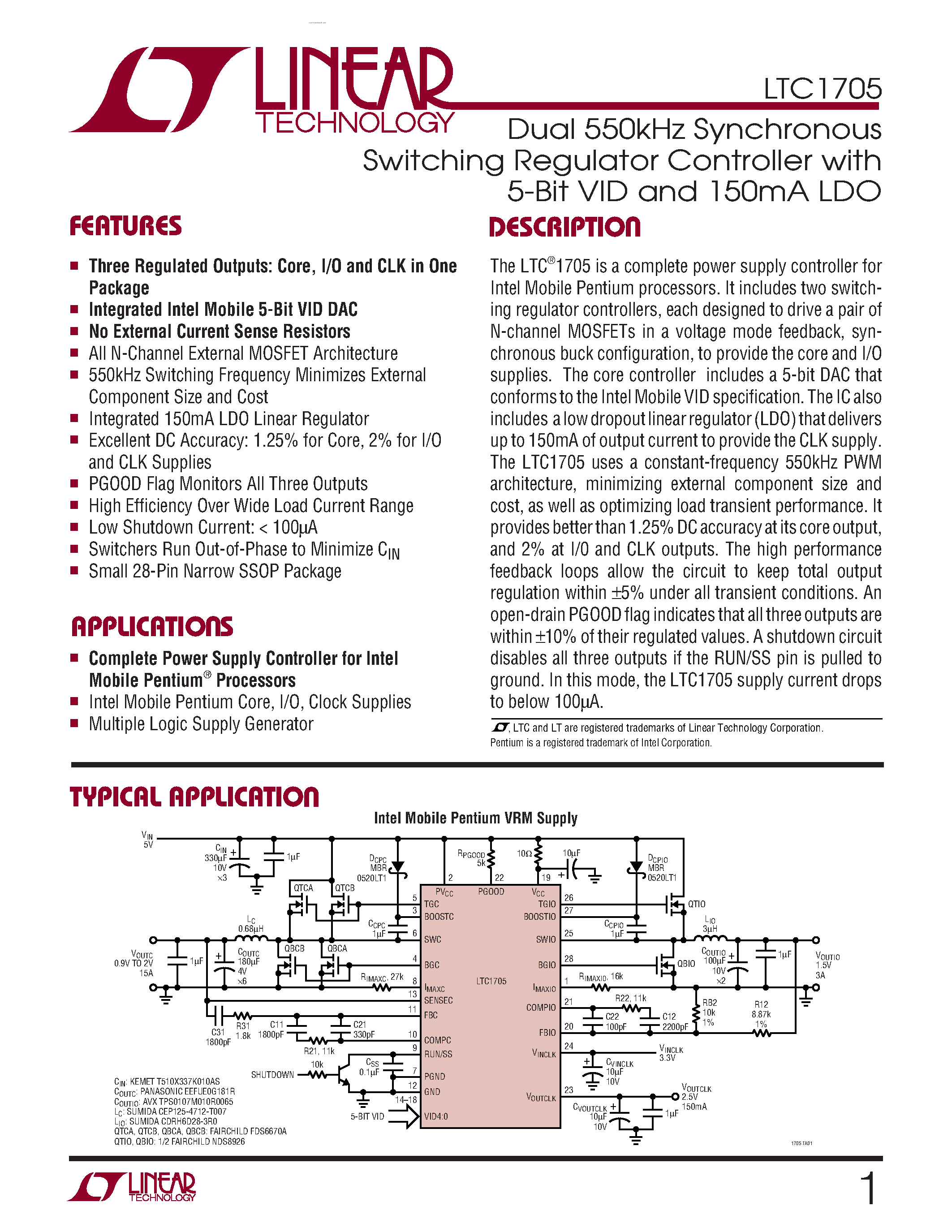 Datasheet LTC1705 page 1 Datasheet LTC1705 - Dual 550kHz Synchronous Switching Regulator Controller page 1