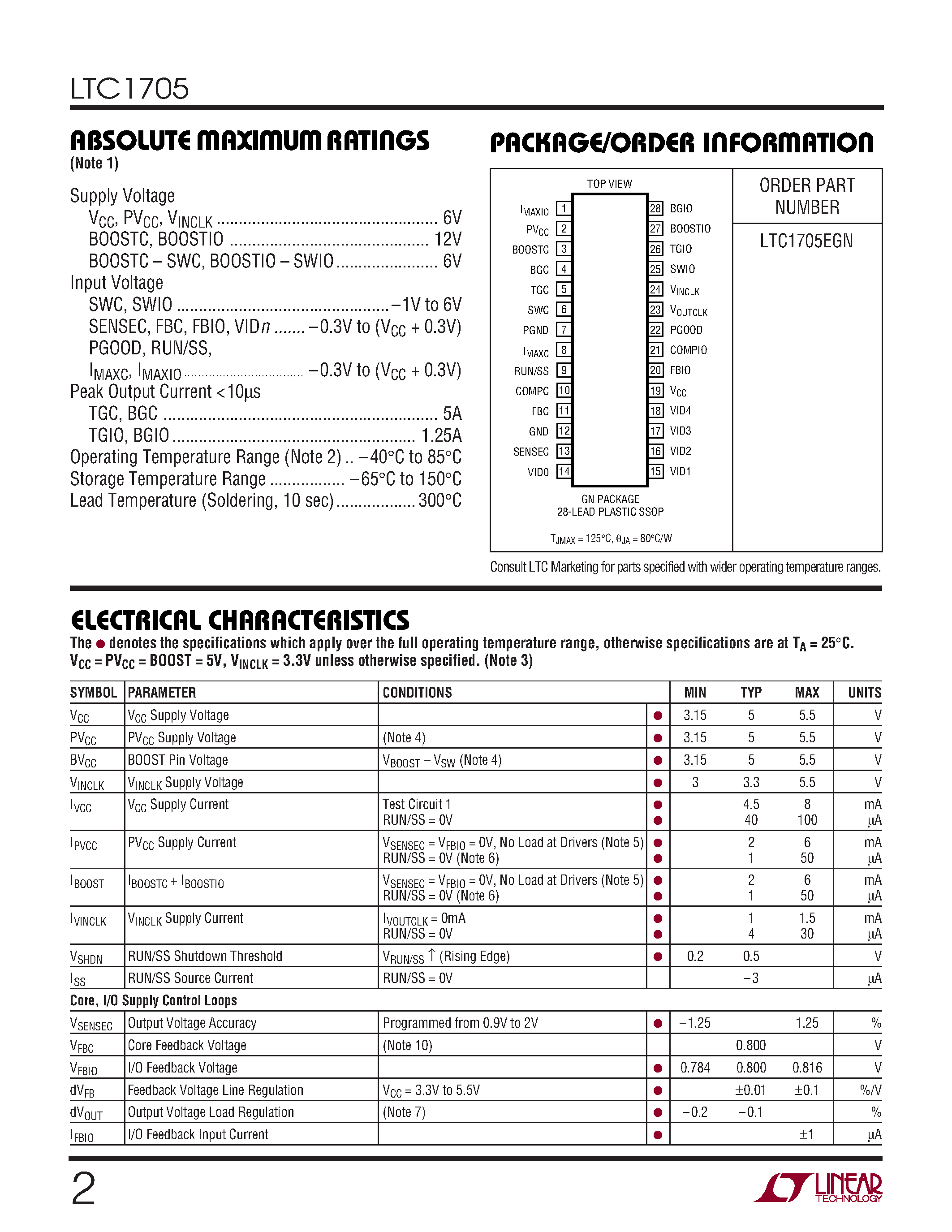 Datasheet LTC1705 page 2 Datasheet LTC1705 - Dual 550kHz Synchronous Switching Regulator Controller page 2