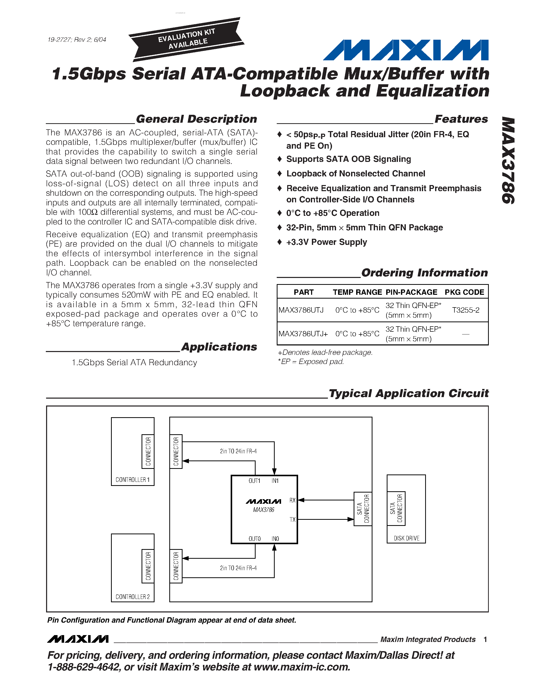 Datasheet MAX3786 - 1.5Gbps Serial ATA-Compatible Mux/Buffer page 1