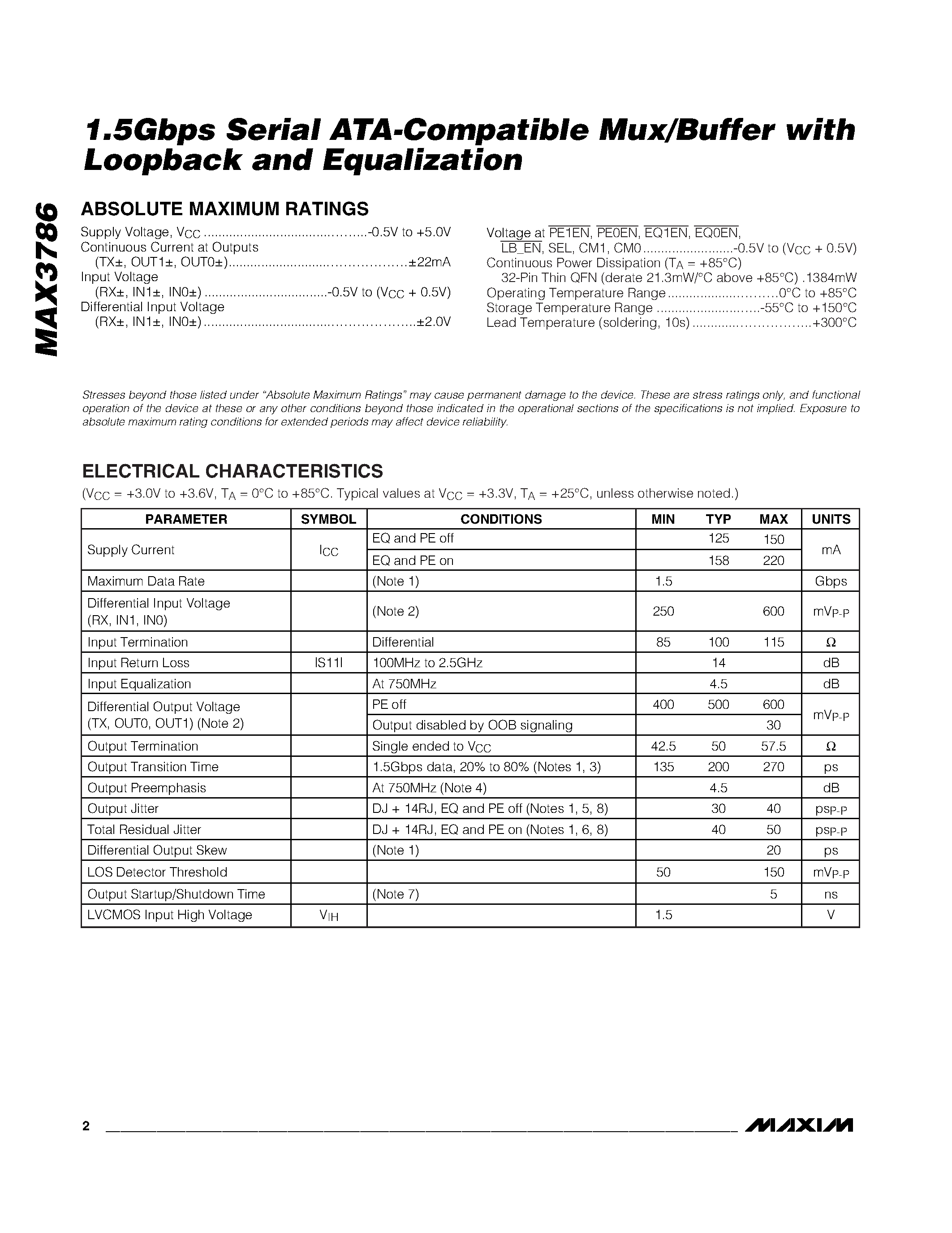 Datasheet MAX3786 - 1.5Gbps Serial ATA-Compatible Mux/Buffer page 2