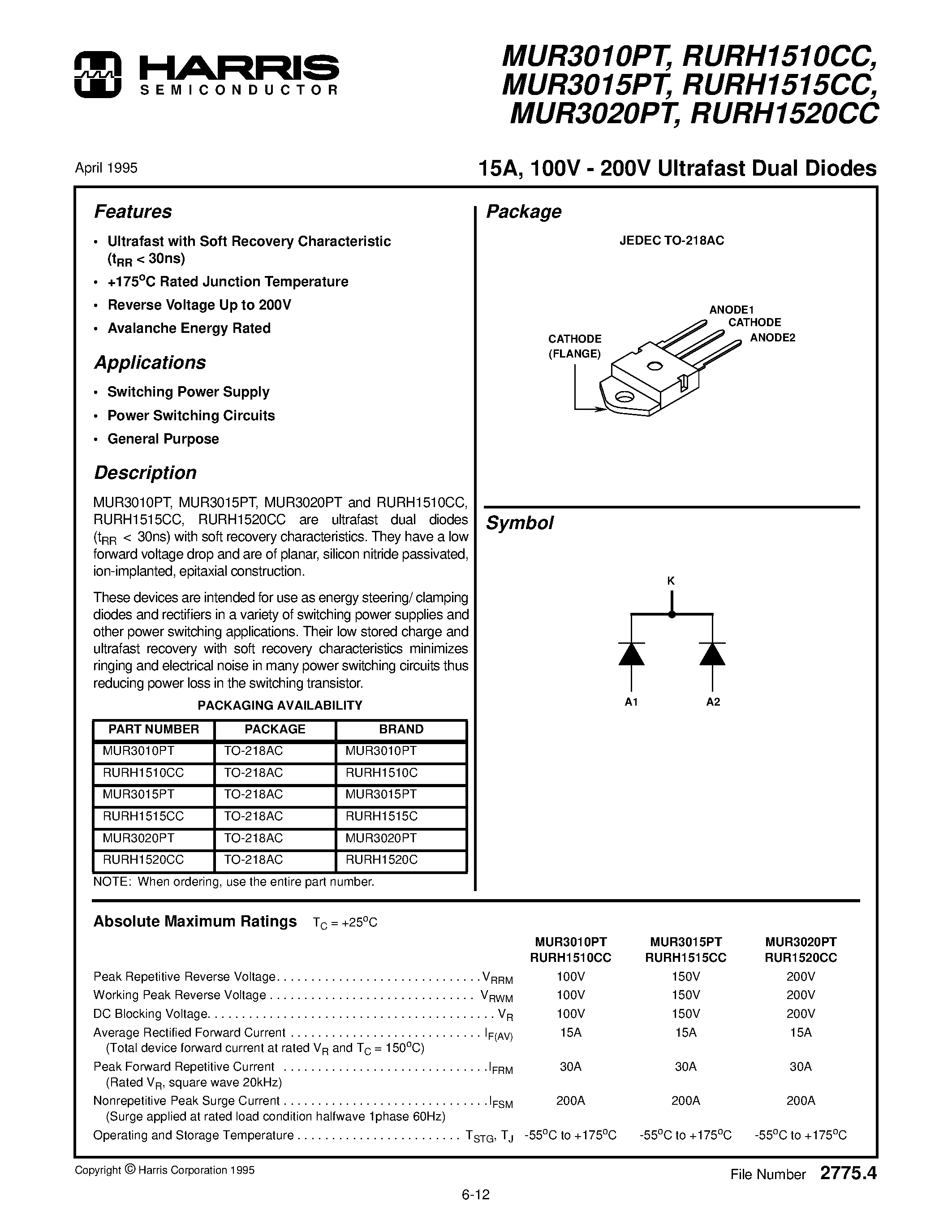Даташит на микросхему MUR3010PT страница 1 Даташит MUR3010PT - (MUR3010PT - MUR3020PT) Ultrafast Dual Diodes страница 1