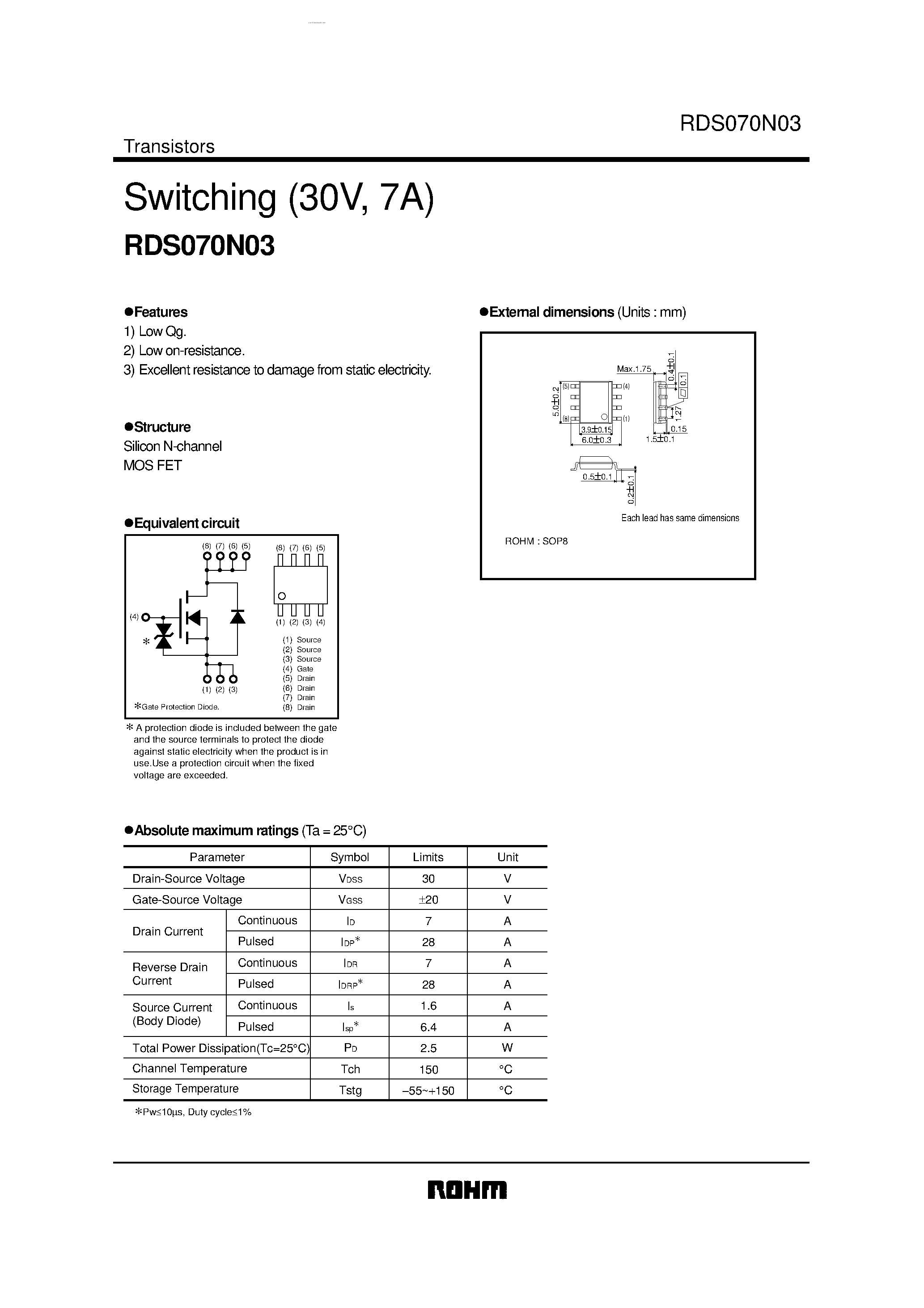 Datasheet RDS070N03 - Excellent Resistance to damage from static electricity page 1
