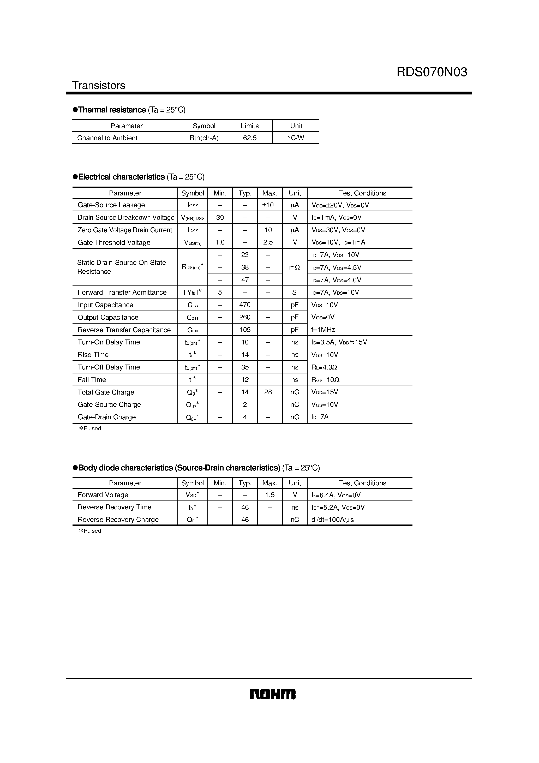 Datasheet RDS070N03 - Excellent Resistance to damage from static electricity page 2