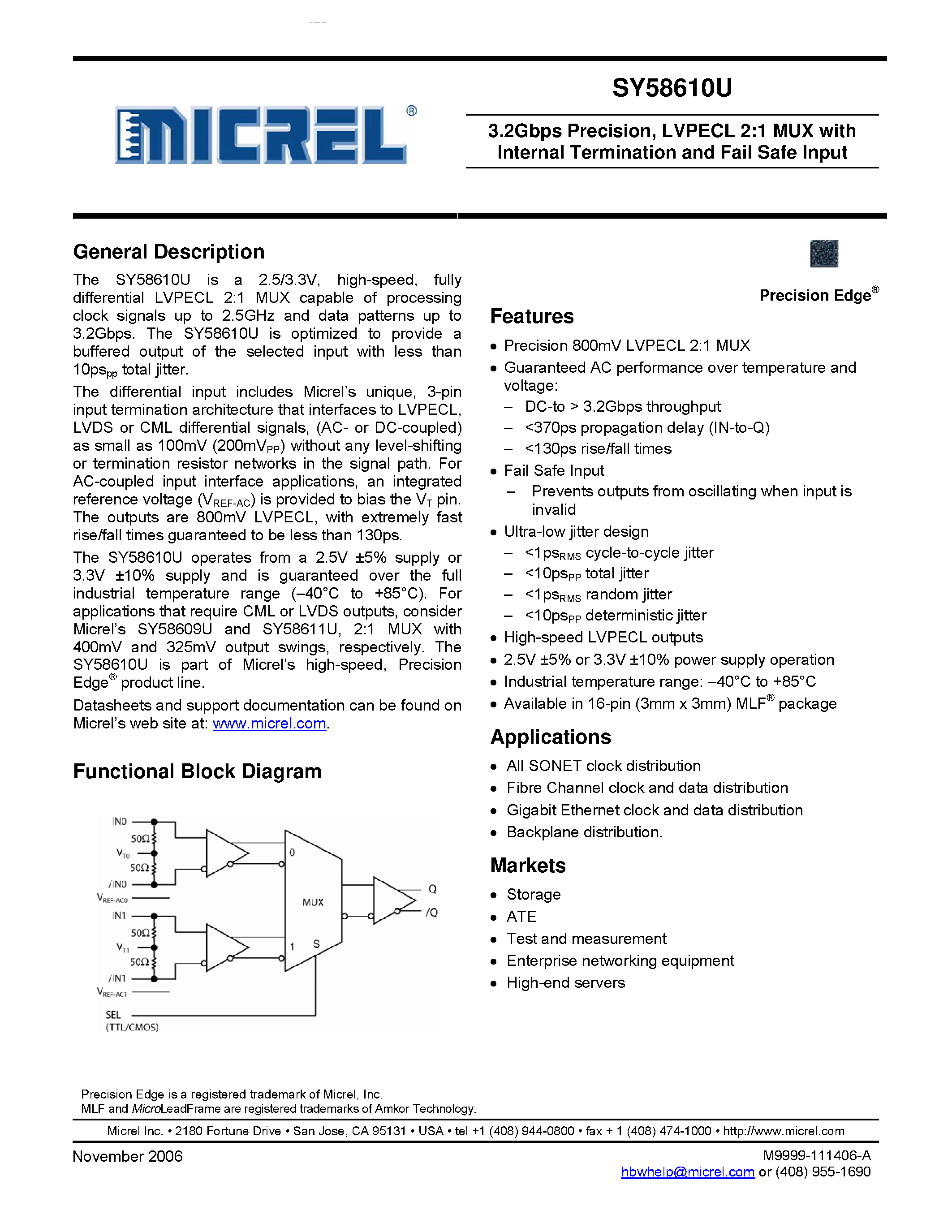 Datasheet SY58610U - LVPECL 2:1 MUX page 1