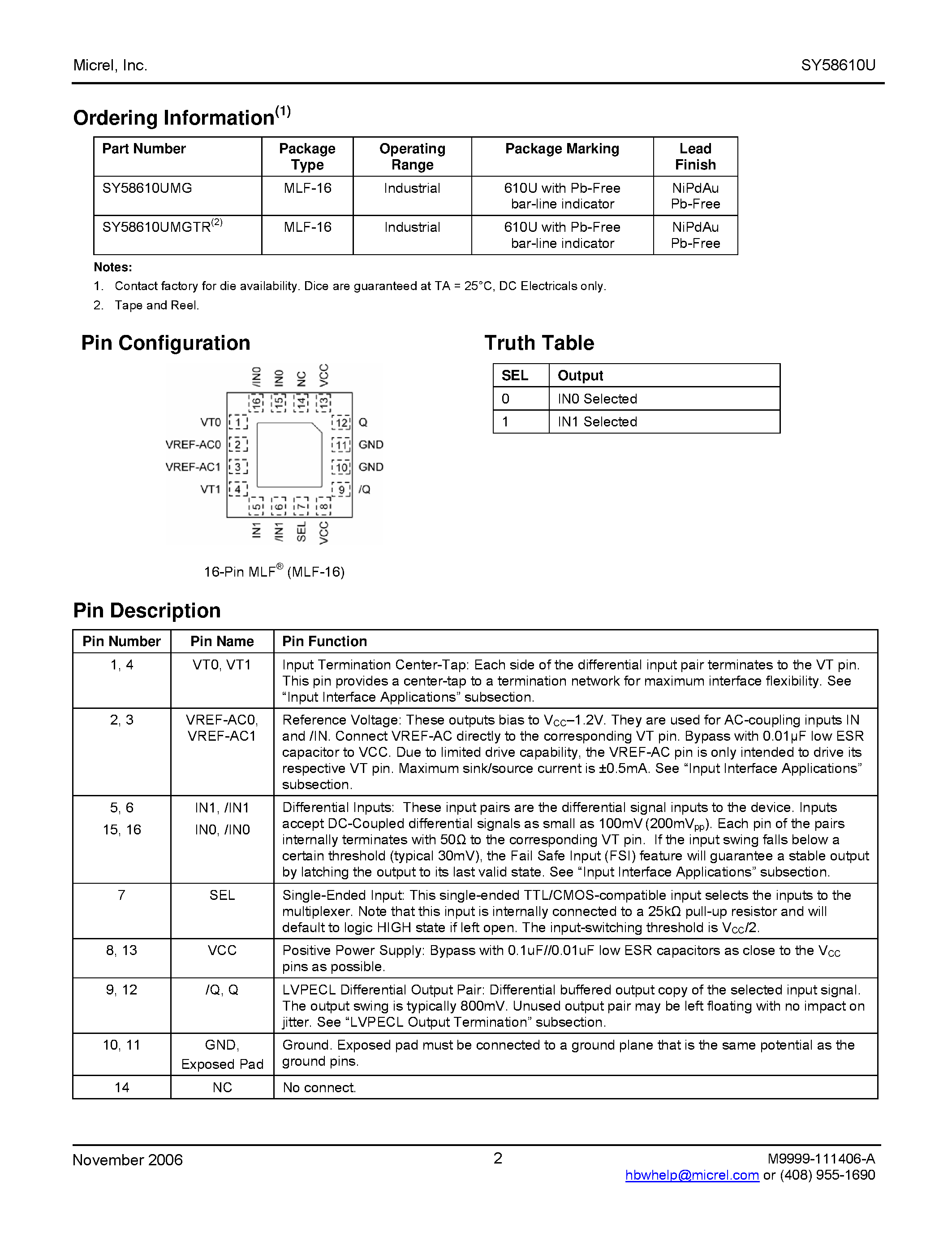 Datasheet SY58610U - LVPECL 2:1 MUX page 2