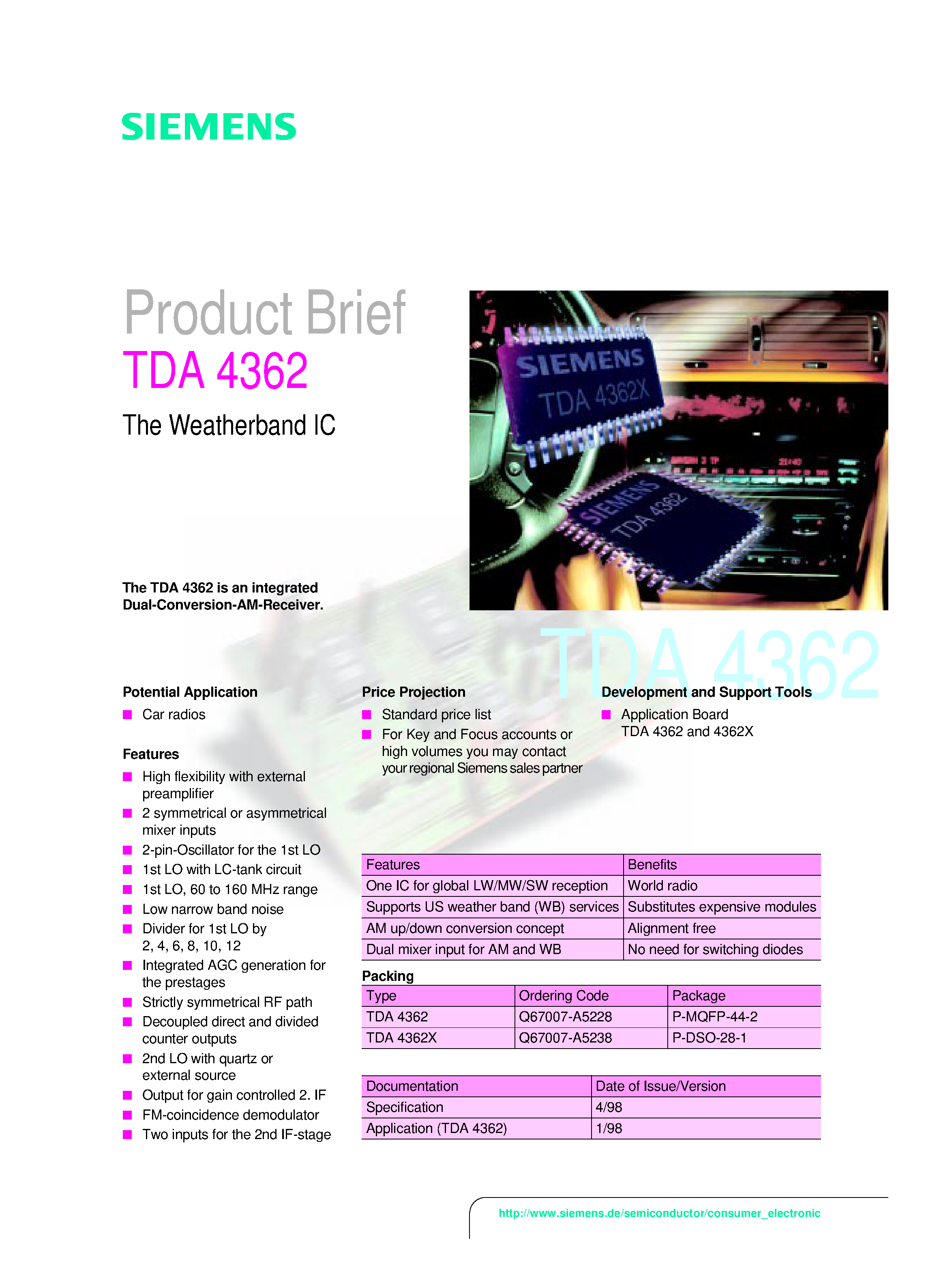 Datasheet TDA4362 - The Weatherband IC page 1