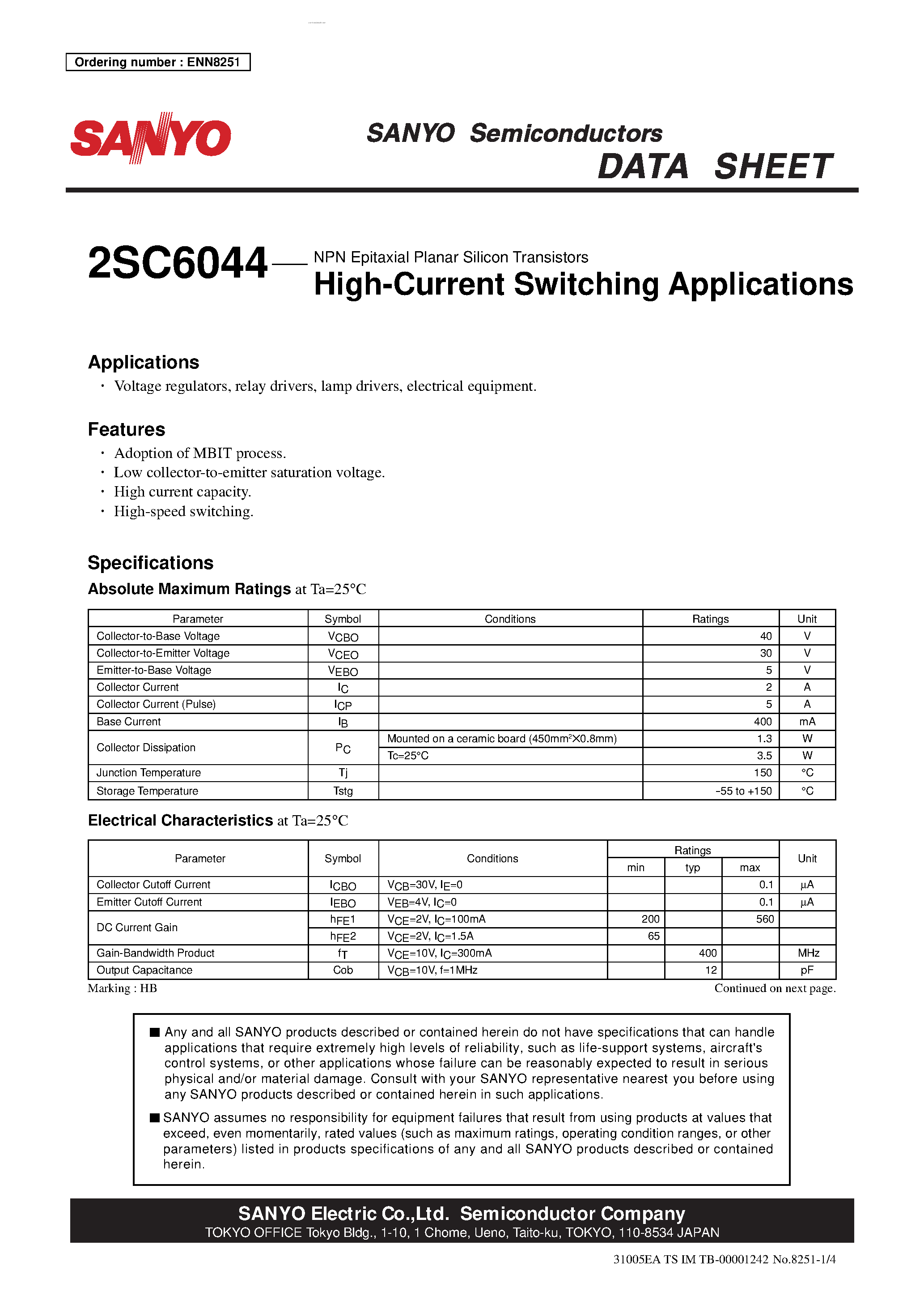 Даташит 2SC6044 - NPN Epitaxial Planar Silicon Transistors страница 1