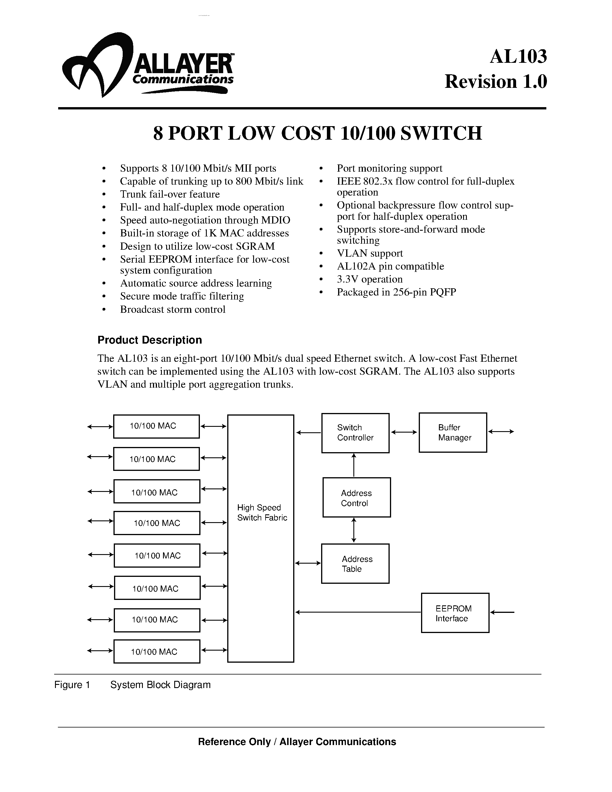 Даташит на микросхему AL103 страница 1 Даташит AL103 - 8 PORT LOW COST 10/100 SWITCH страница 1