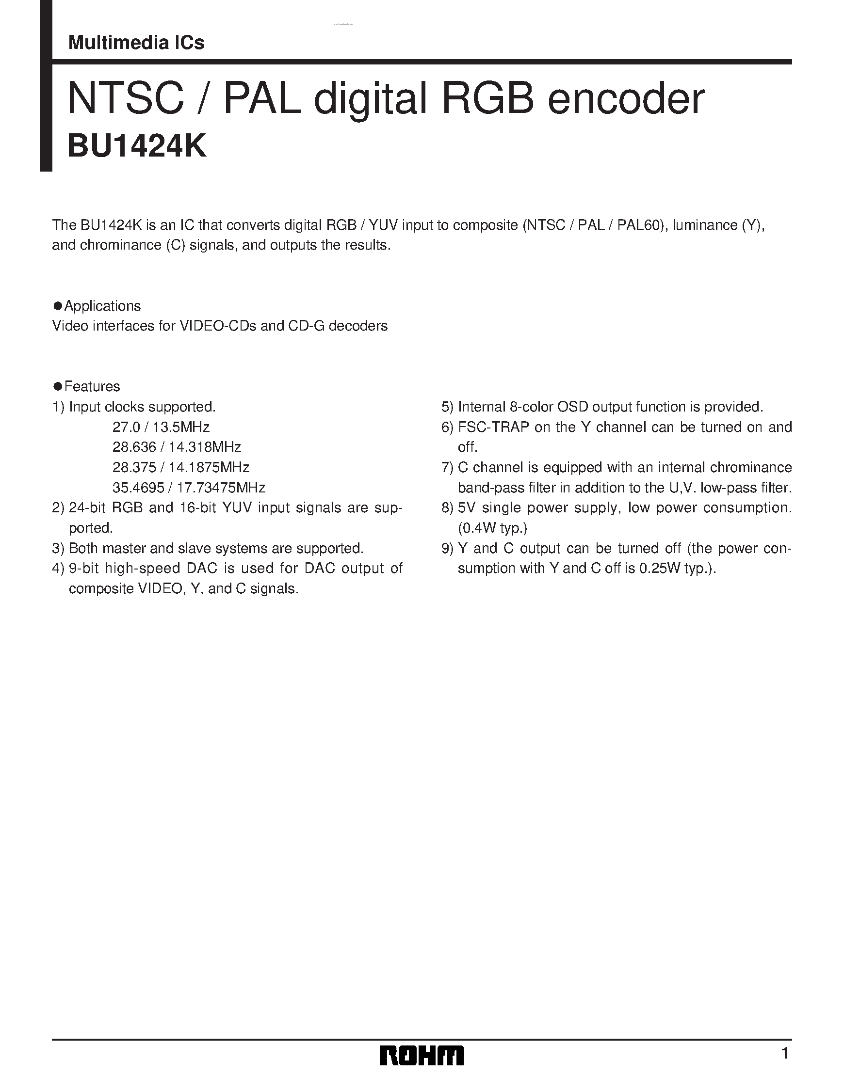 Datasheet BU1424K - NTSC / PAL digital RGB encoder page 1