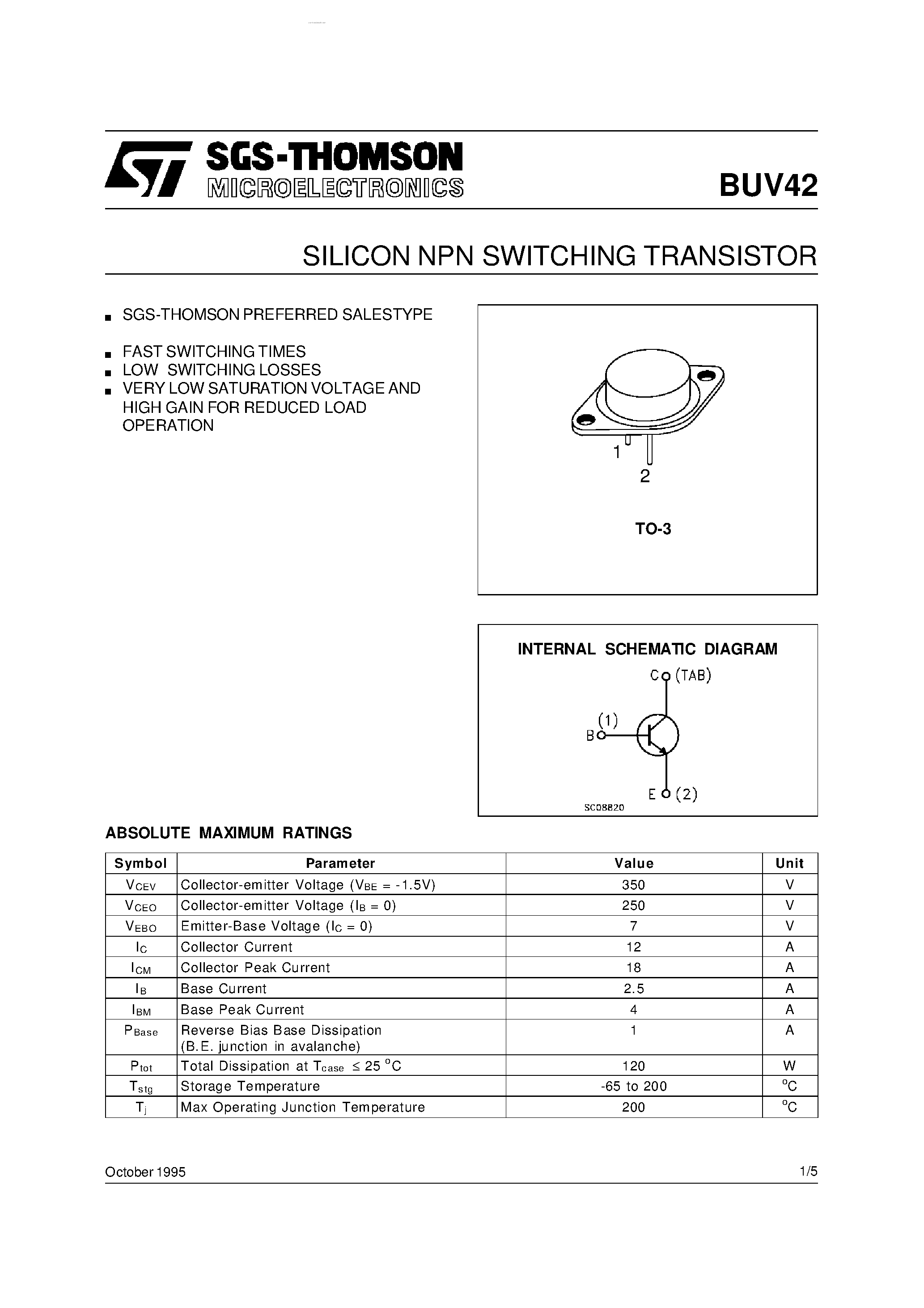 Даташит на микросхему BUV42 страница 1 Даташит BUV42 - SILICON NPN SWITCHING TRANSISTOR страница 1