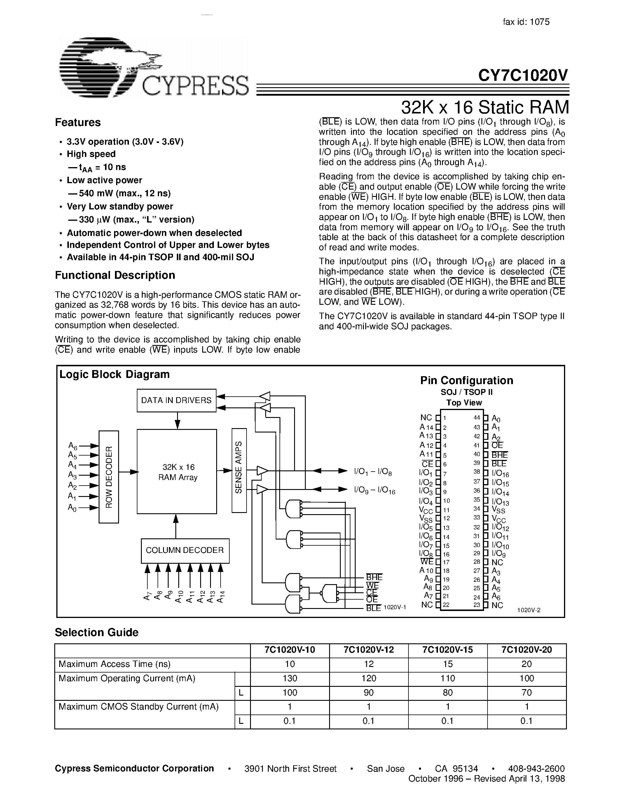 Даташит на микросхему CY7C1020V страница 1 Даташит CY7C1020V - 32K x 16 Static RAM страница 1