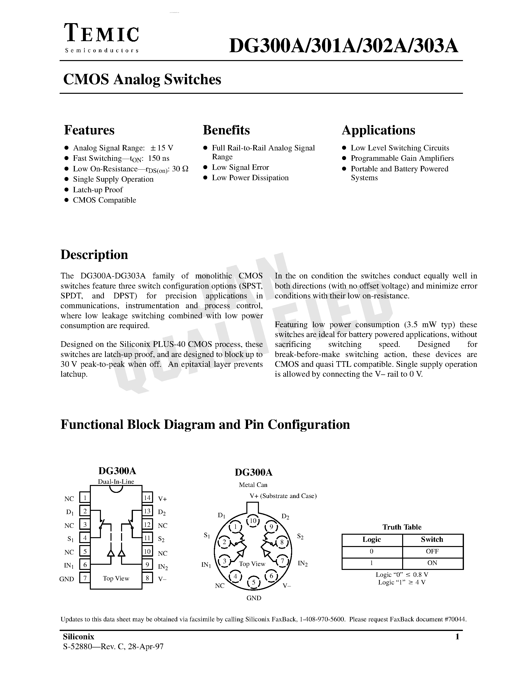 Даташит на микросхему DG300A страница 1 Даташит DG300A - (DG300A - DG303A) CMOS Analog Switches страница 1