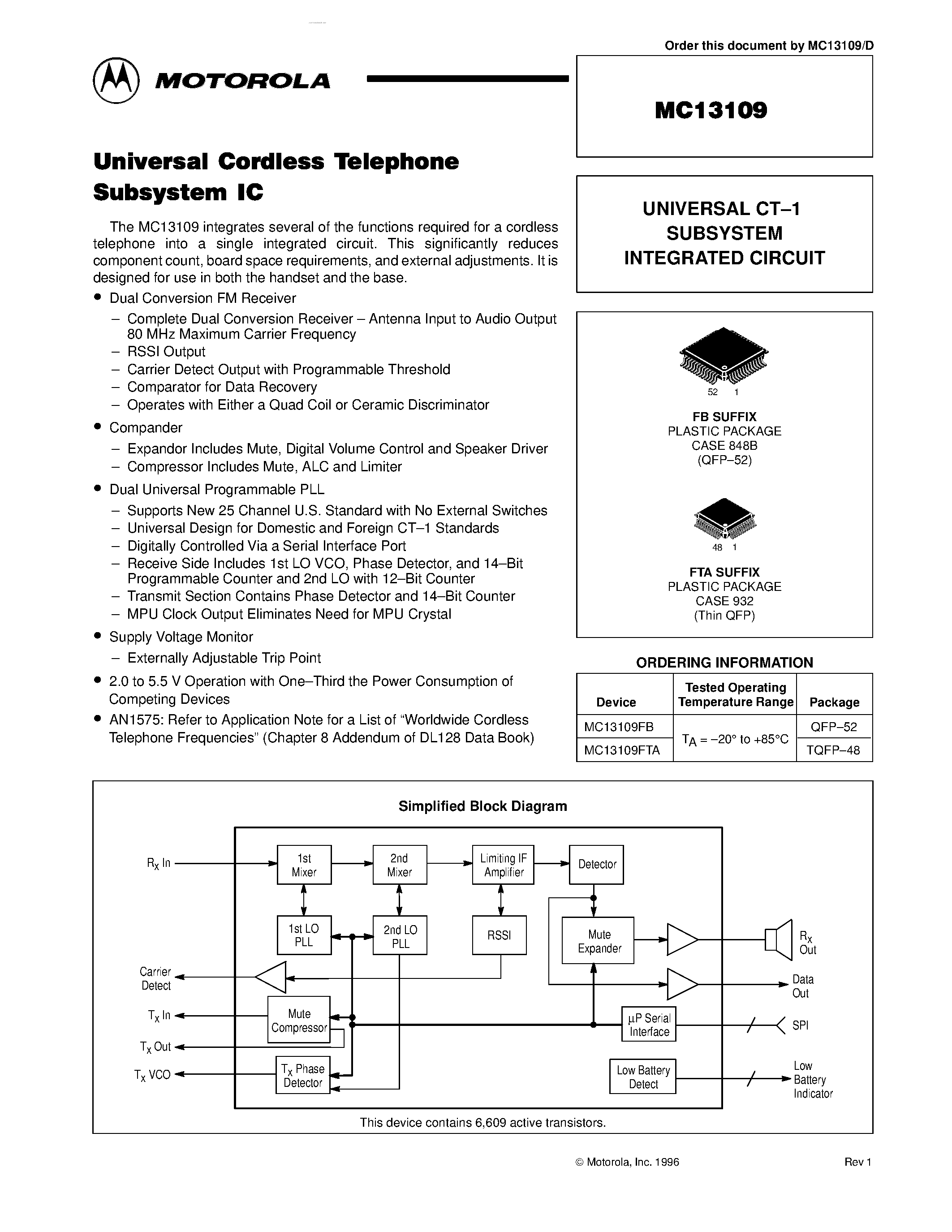 Datasheet MC13109 - Universal Cordless Telephone Subsystem IC page 1