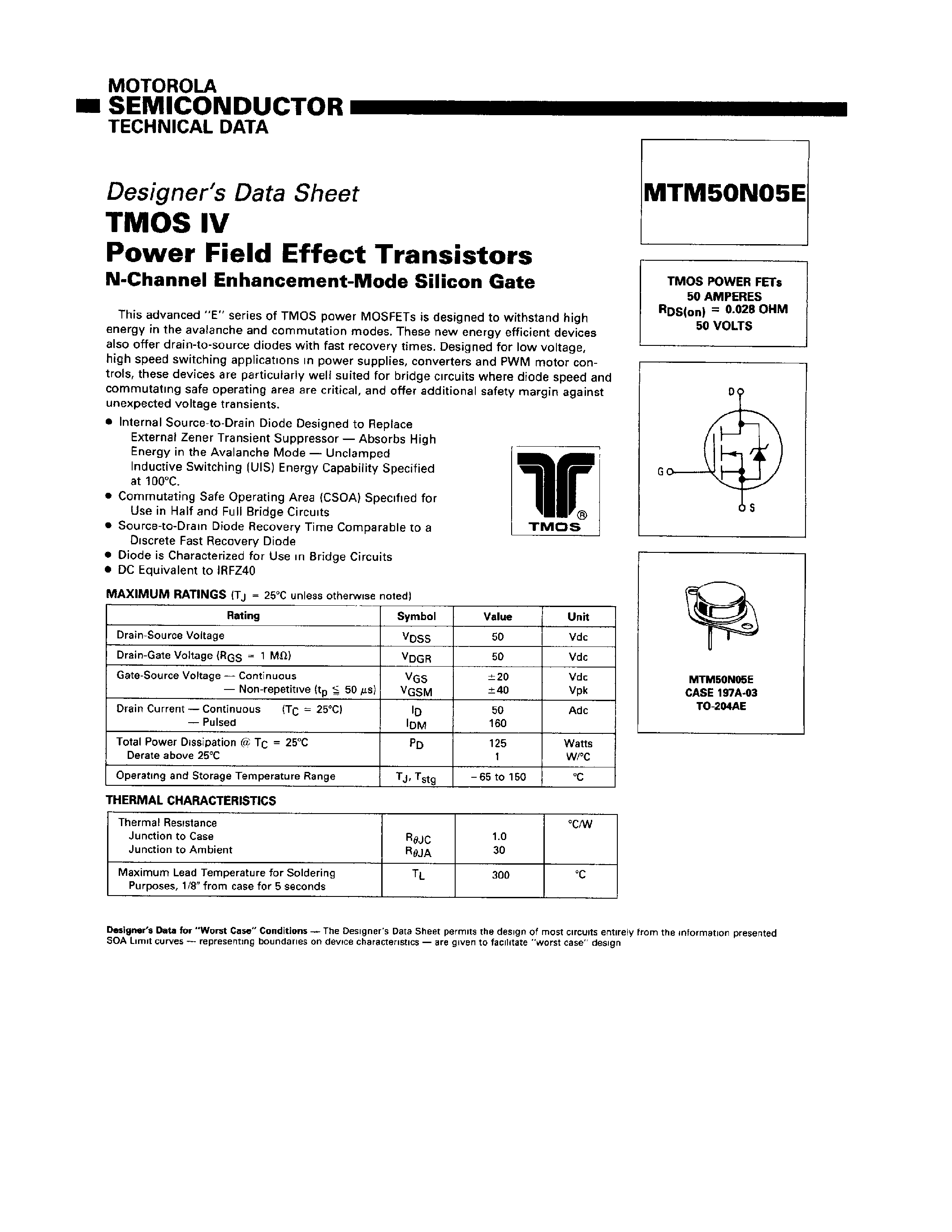 Даташит MTM50N05E - TMOS IV POWER FIELD EFFECT TRANSISTORS страница 1
