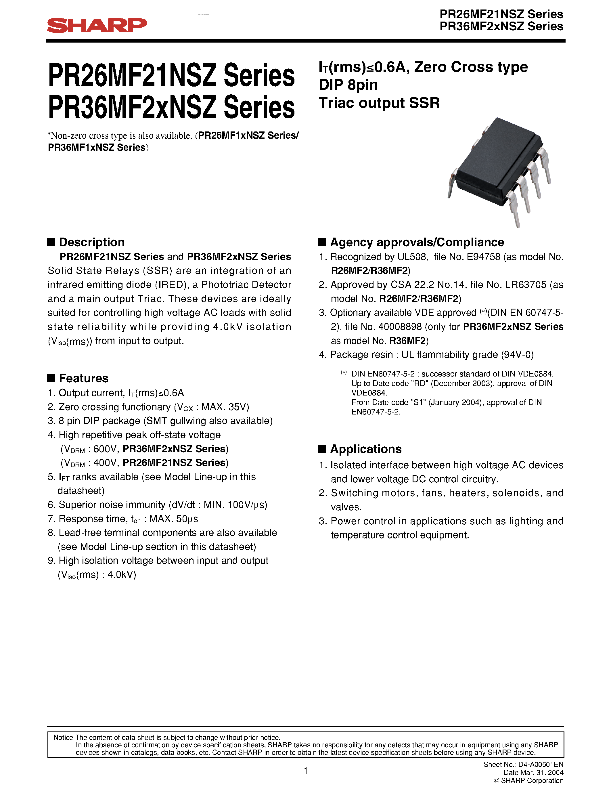 Datasheet PR26MF21NSZ - Zero Cross type DIP 8pin Triac output SSR page 1
