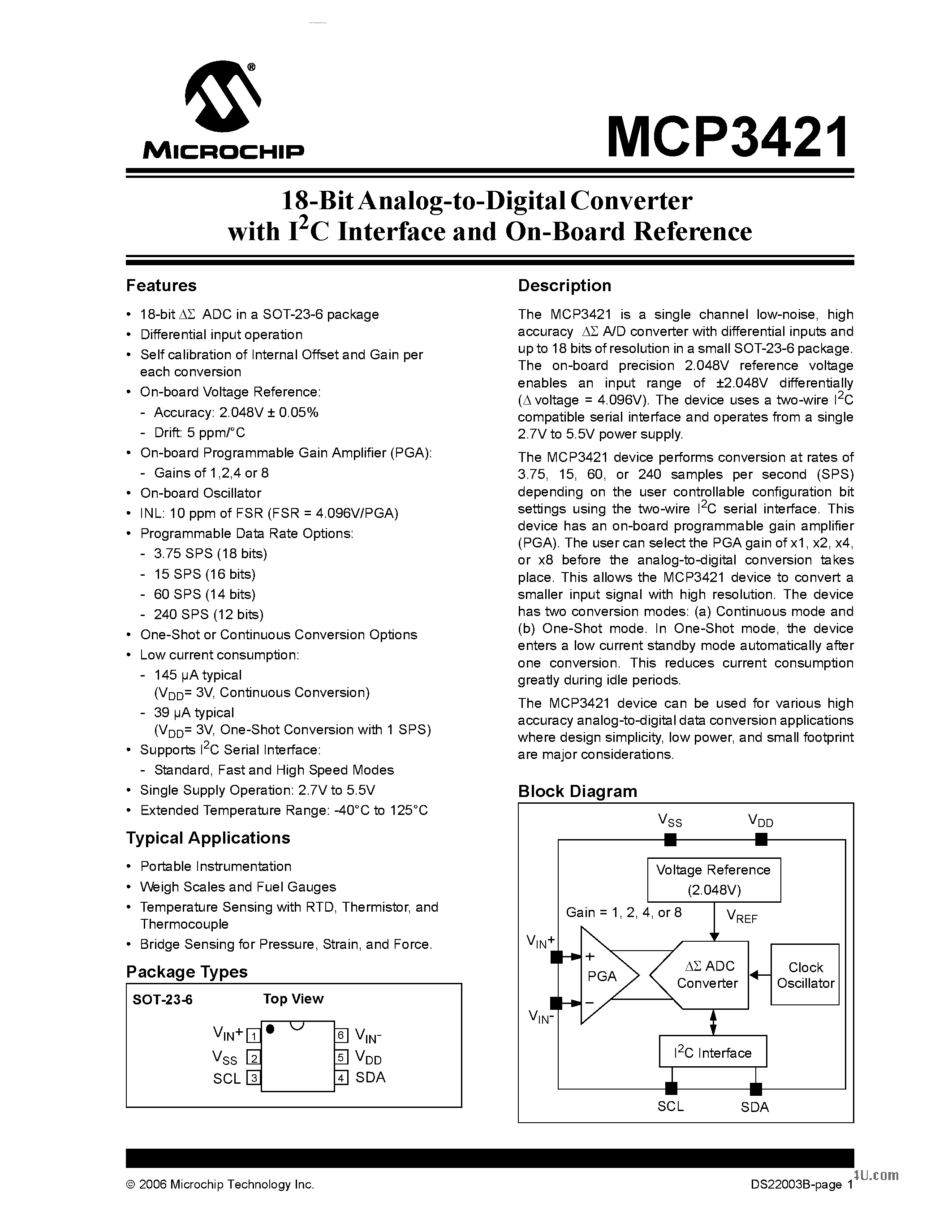 Даташит MCP3421 - high accuracy delta-sigma A/D converter страница 1
