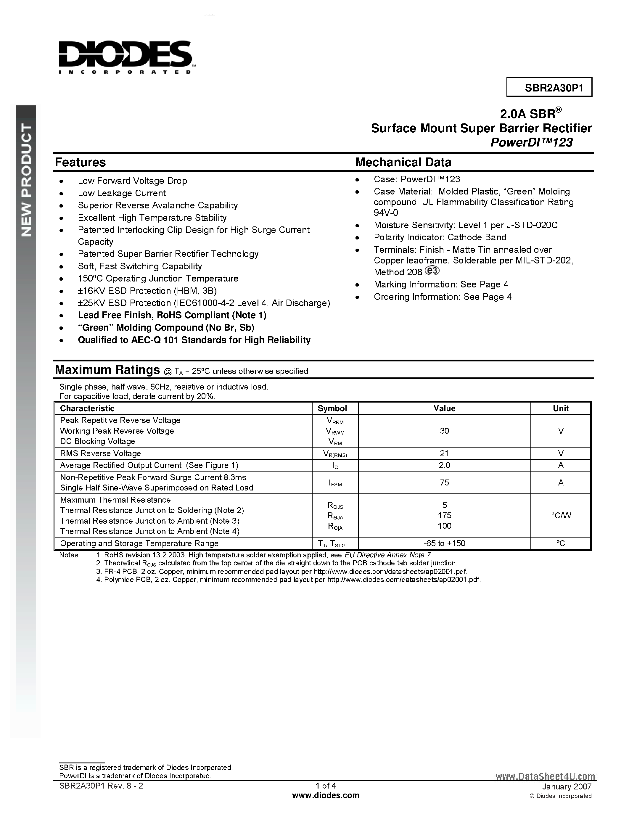 Datasheet SBR2A30P1 page 1 Datasheet SBR2A30P1 - Surface Mount Super Barrier Rectifier page 1