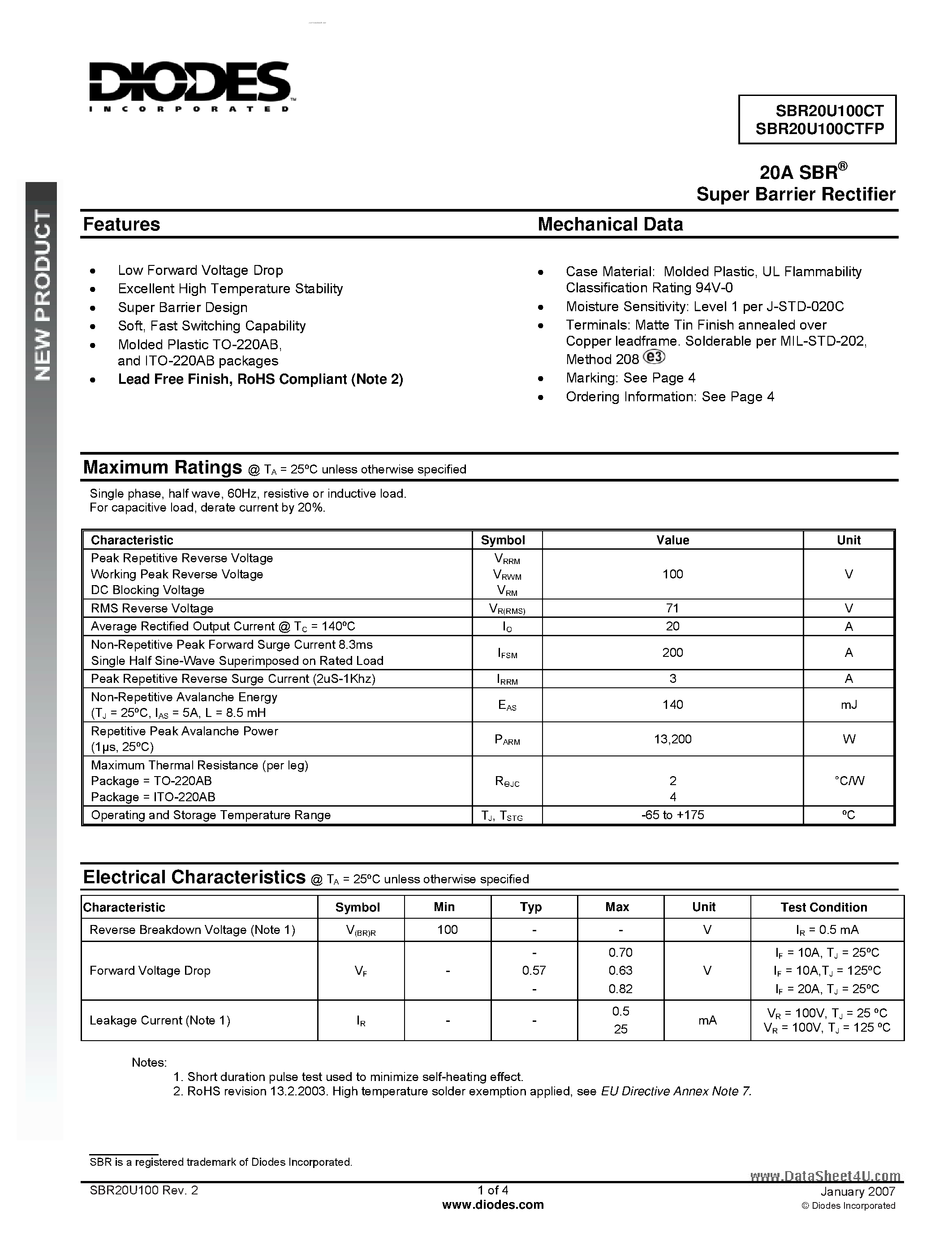 Datasheet SBR20U100CT page 1 Datasheet SBR20U100CT - Super Barrier Rectifier page 1