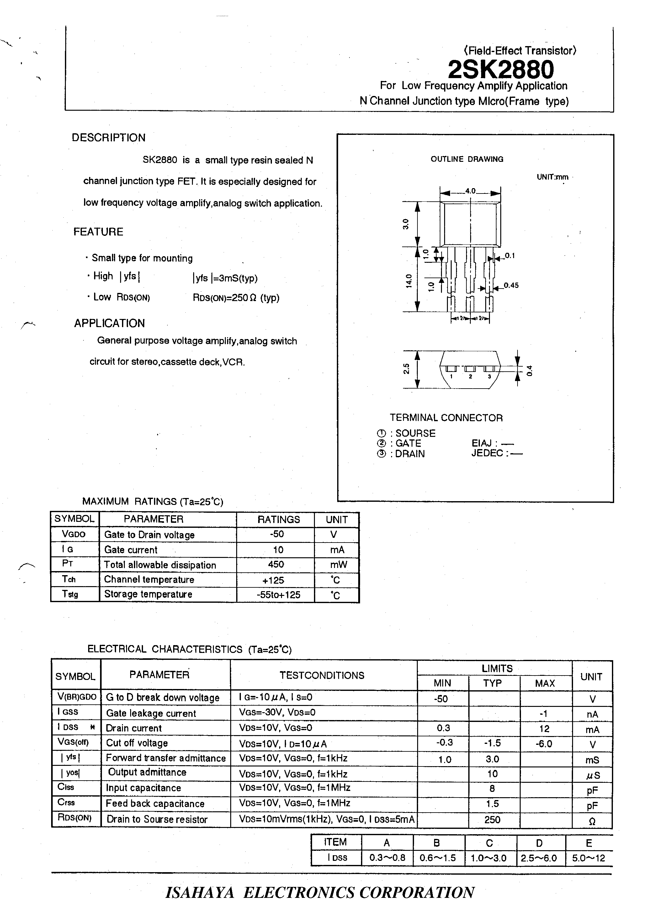 Datasheet 2SK2880 - FOR LOW FREQUENCY AMPLIFY APPLICATION N CHANNEL JUNCTION TYPE MICRO page 1