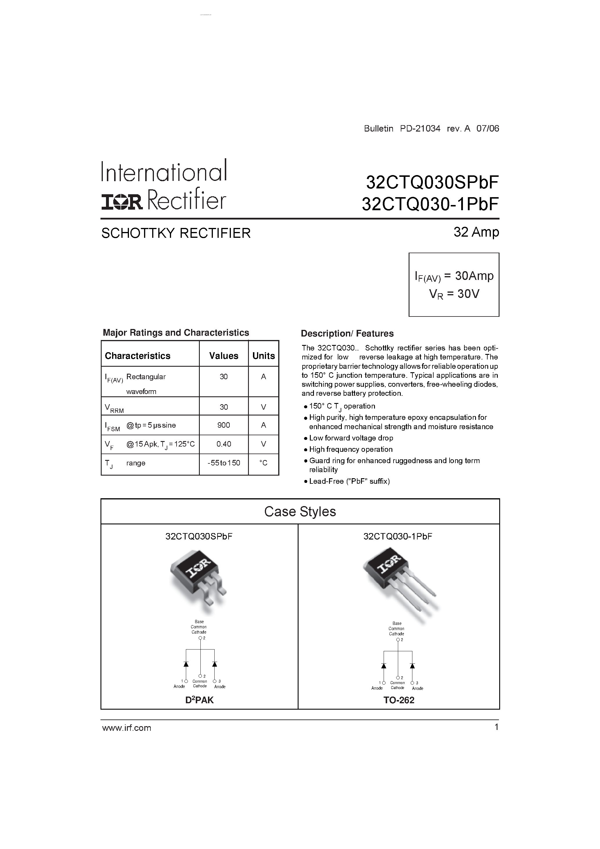 Datasheet 32CTQ030-1PBF - SCHOTTKY RECTIFIER page 1