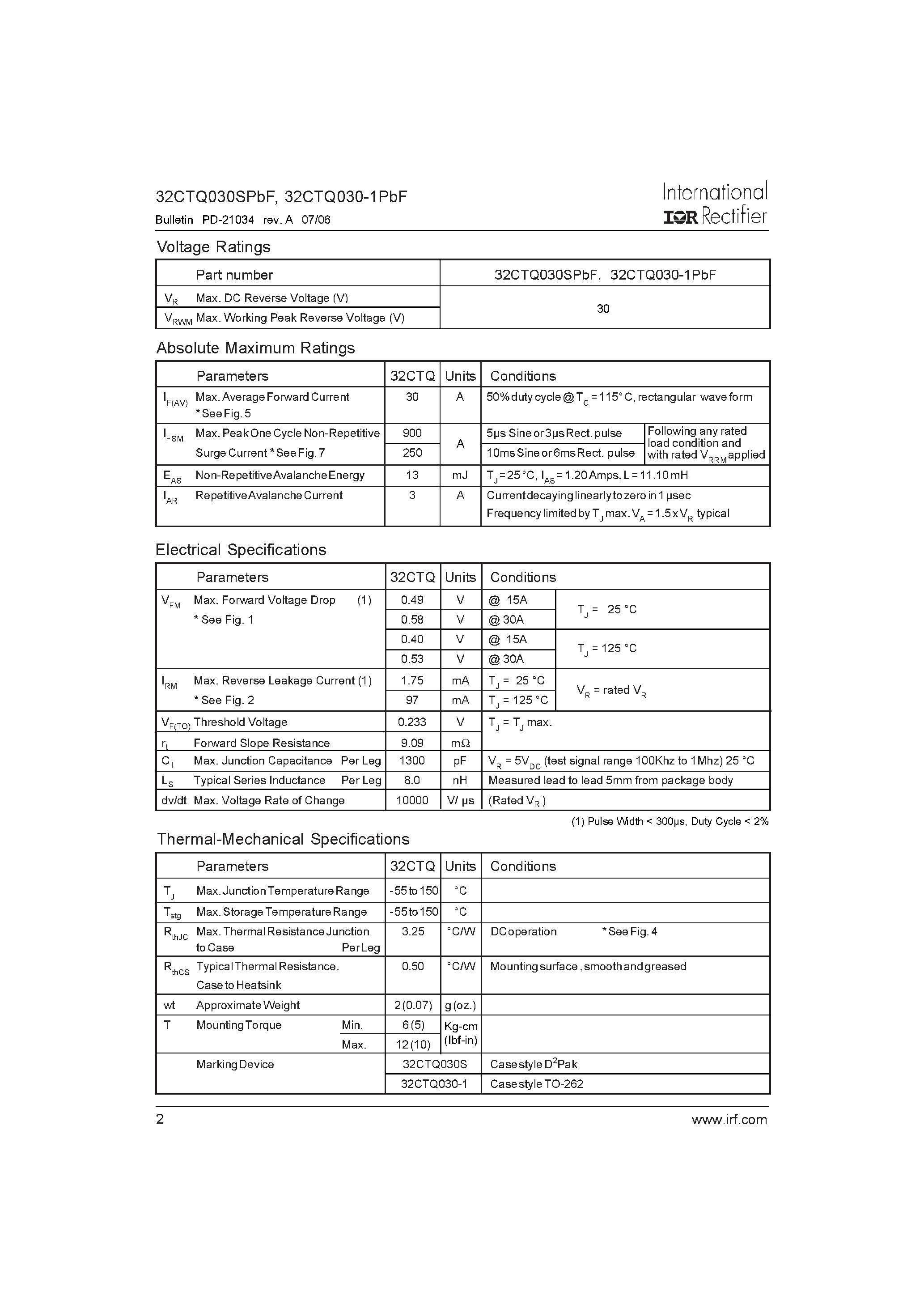 Datasheet 32CTQ030-1PBF - SCHOTTKY RECTIFIER page 2