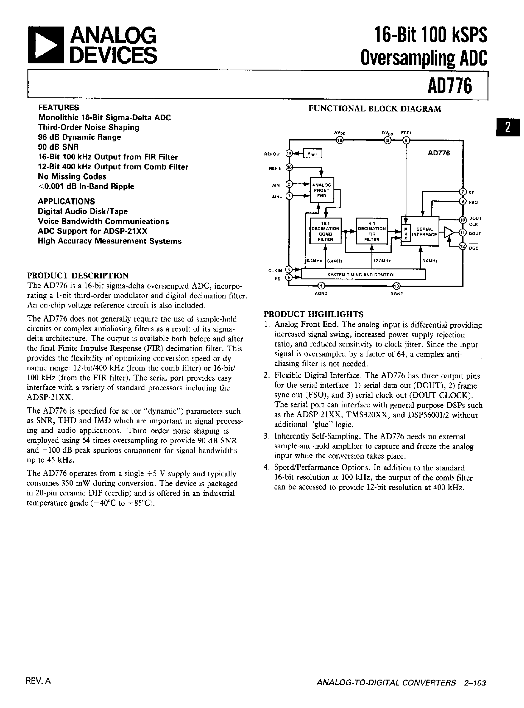 Datasheet AD776 - 16-Bit 100 kSPS Oversampling ADC page 1