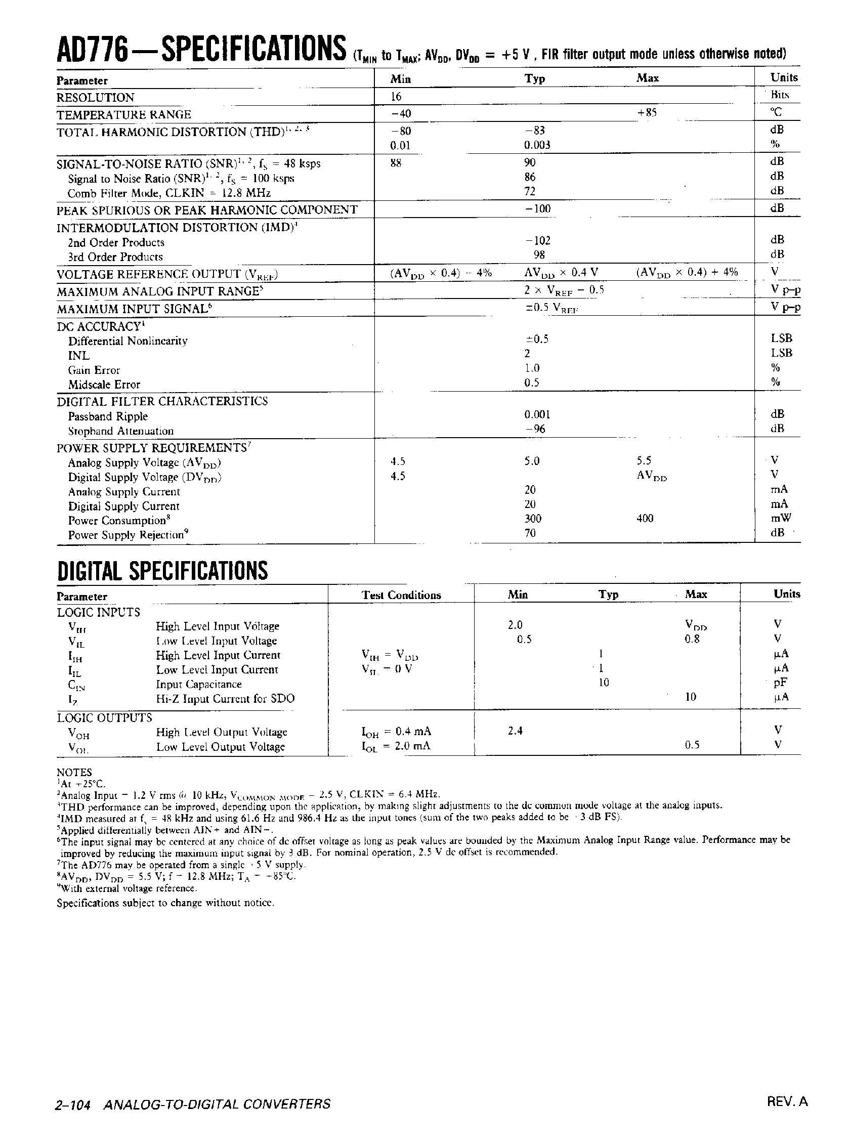 Datasheet AD776 - 16-Bit 100 kSPS Oversampling ADC page 2