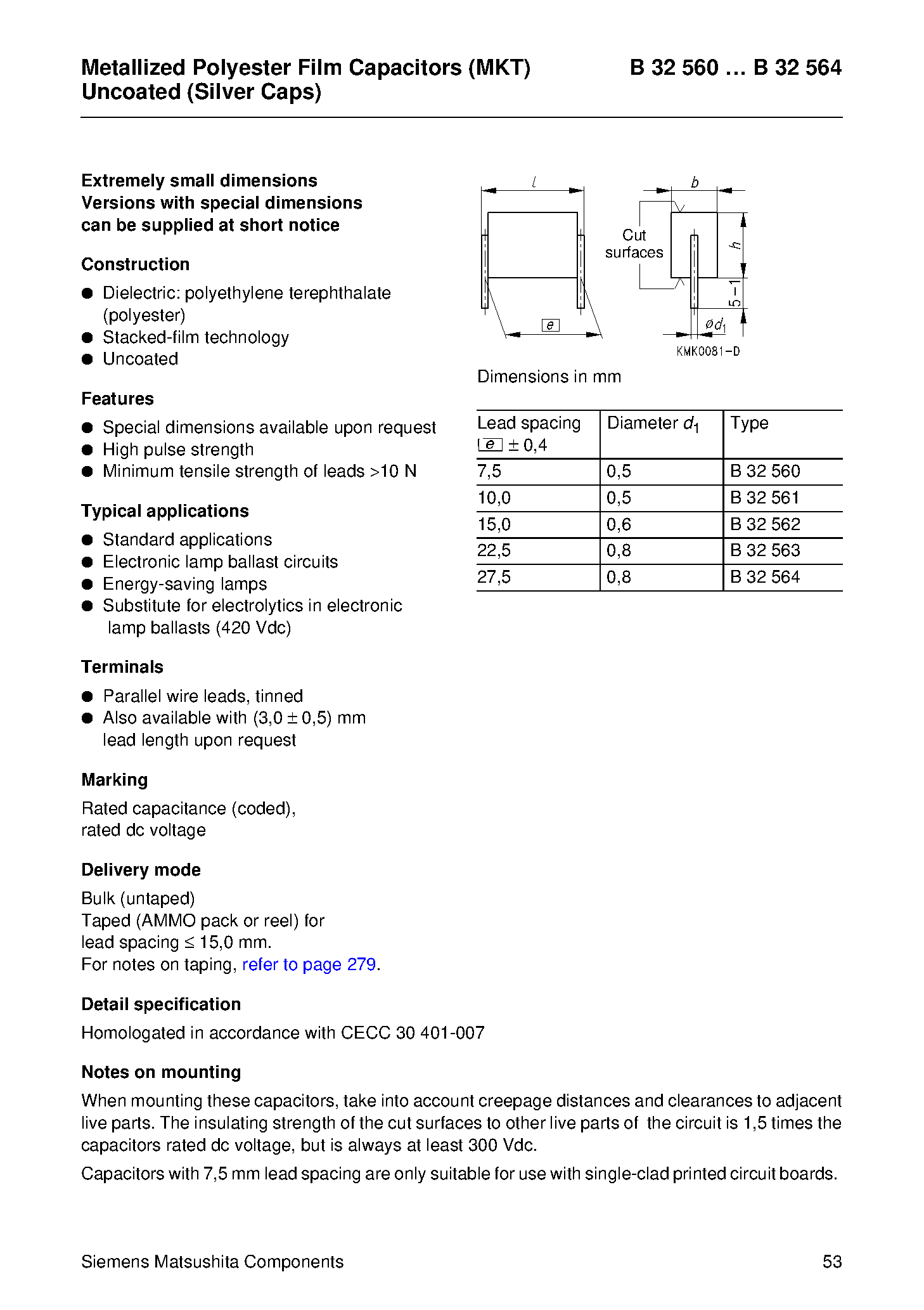 Datasheet B32560 - (B32560 - B32564) Metallized Polyester Film Capacitors page 1