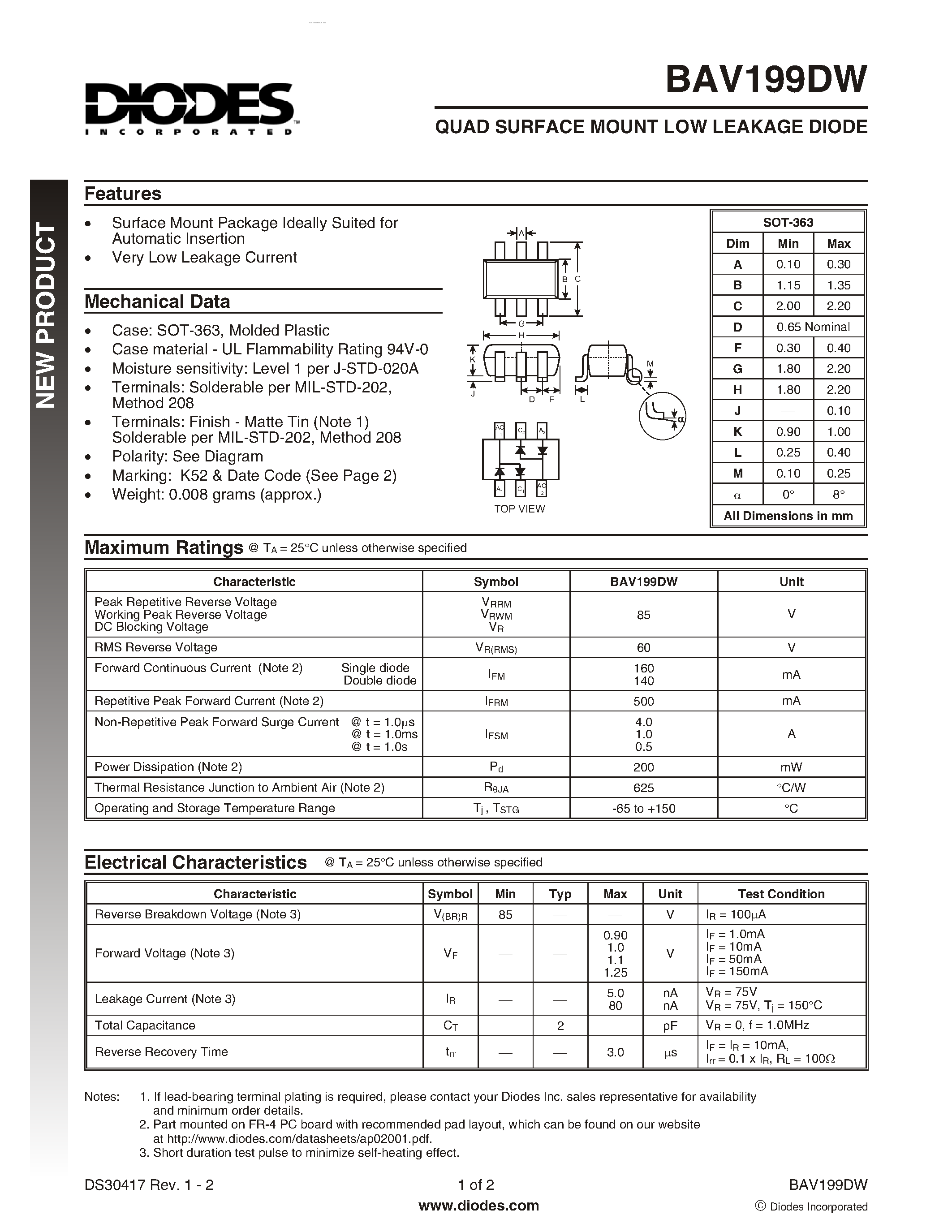 Datasheet BAV199DW - QUAD SURFACE MOUNT LOW LEAKAGE DIODE page 1