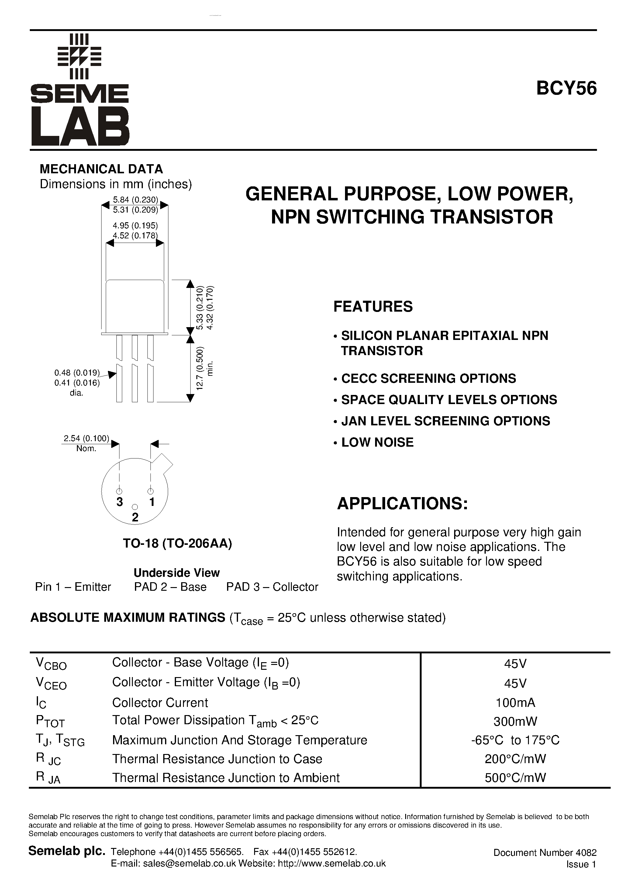 Даташит на микросхему BCY56 страница 1 Даташит BCY56 - NPN SWITCHING TRANSISTOR страница 1