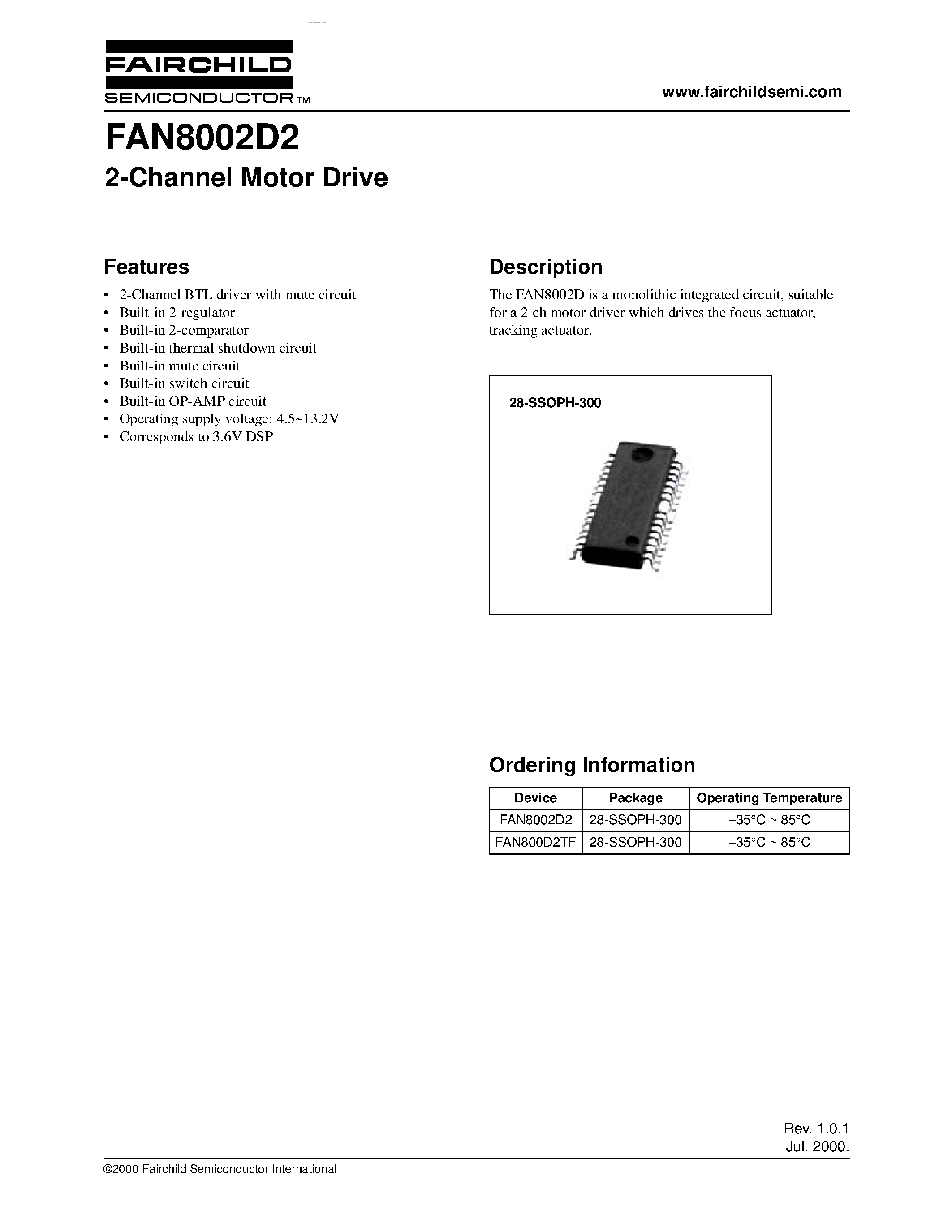 Даташит FAN8002D2 - 2-Channel Motor Drive страница 1
