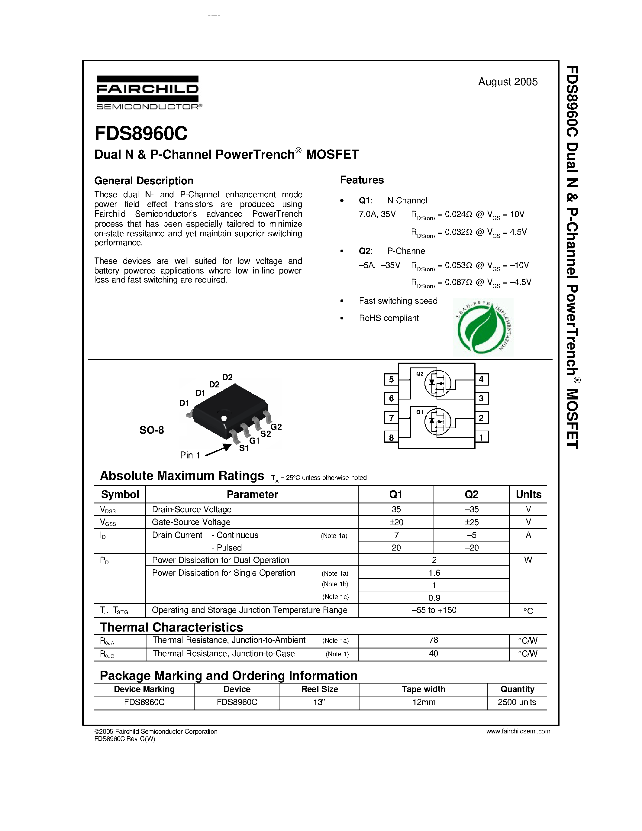Даташит на микросхему FDS8960C страница 1 Даташит FDS8960C - Dual N & P-Channel PowerTrench MOSFET страница 1