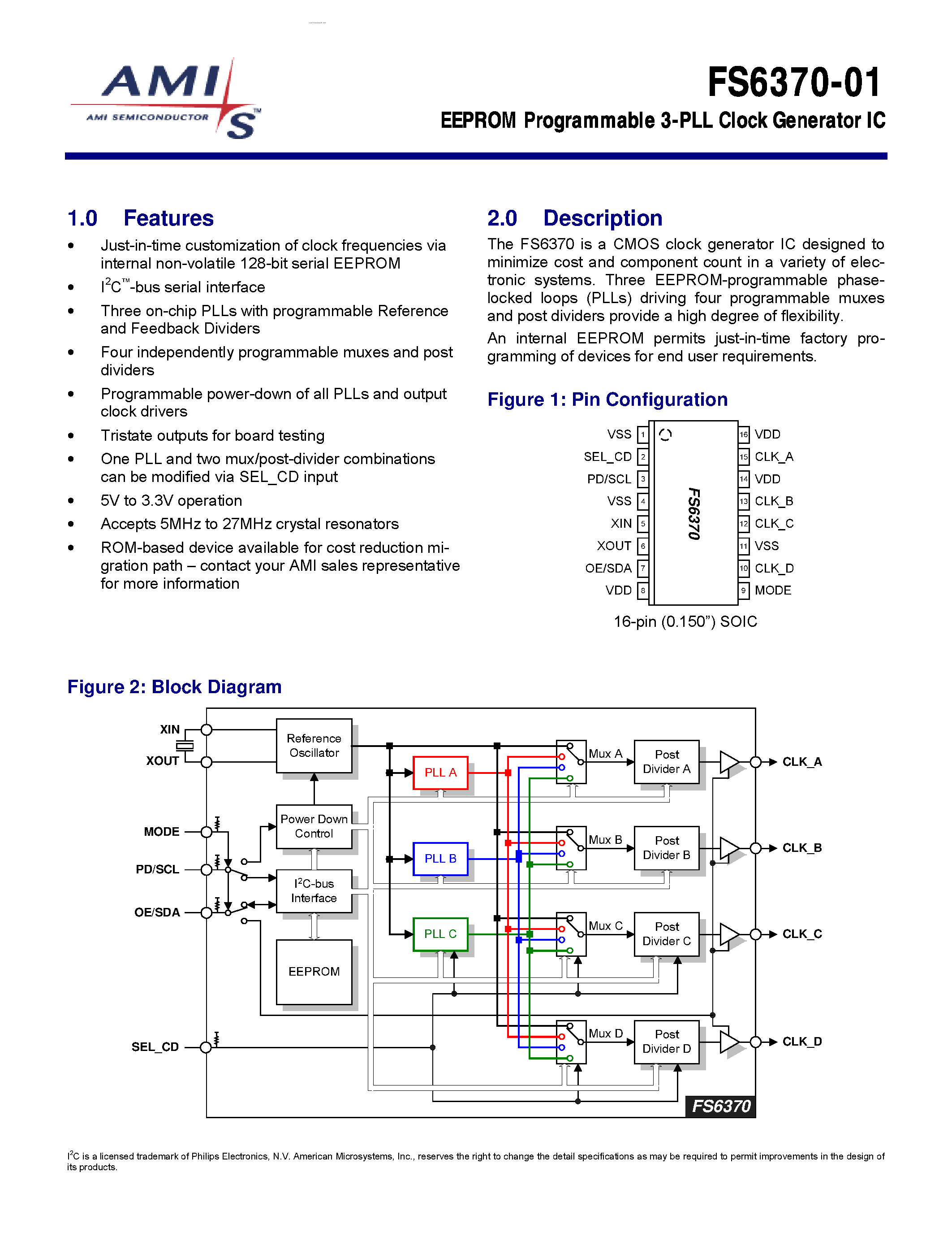 Даташит FS6370-01 - EEPROM Programmable 3-PLL Clock Generator IC страница 1