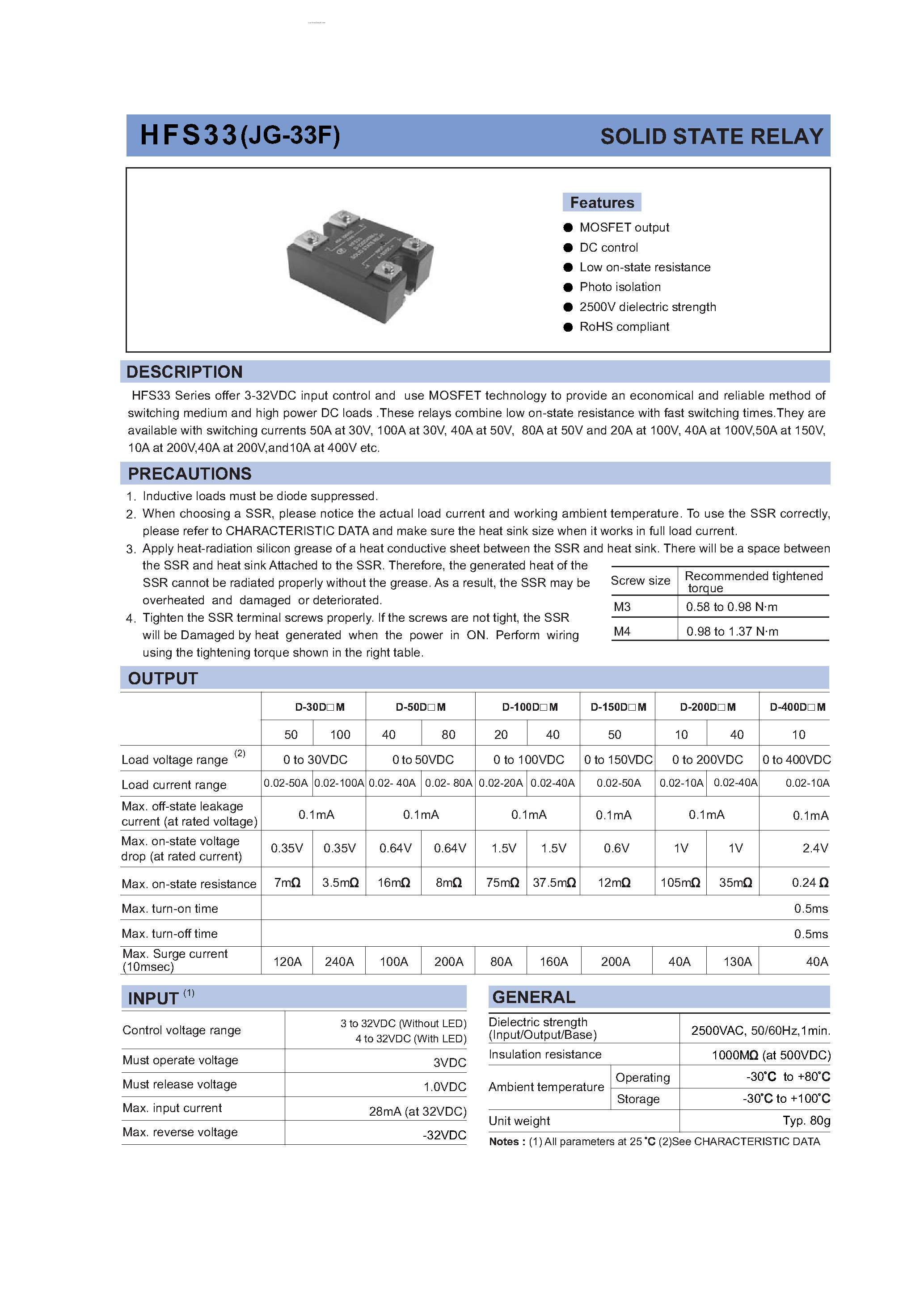Datasheet HFS33 - Solid State Relay page 1