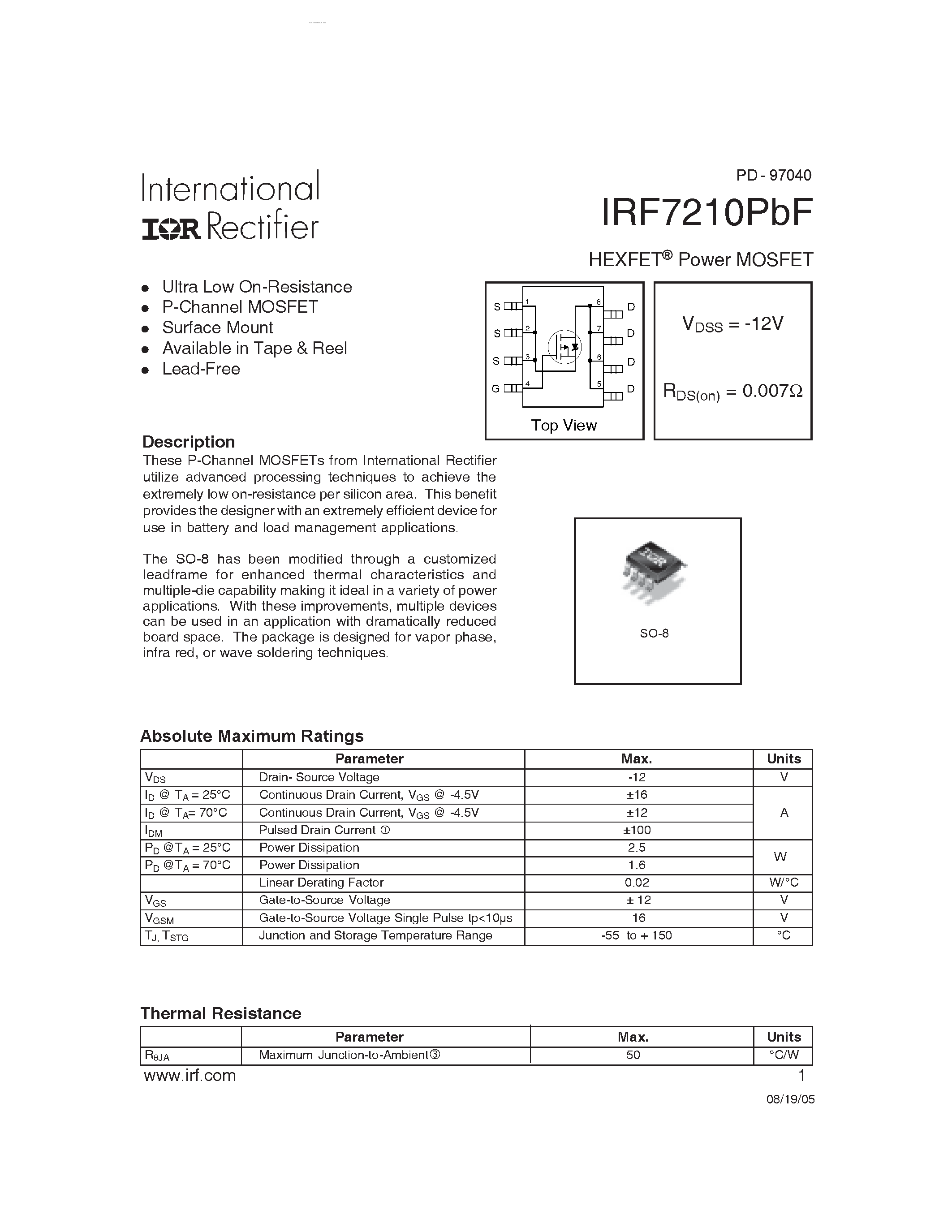 Datasheet IRF7210PBF - HEXFET Power MOSFET page 1