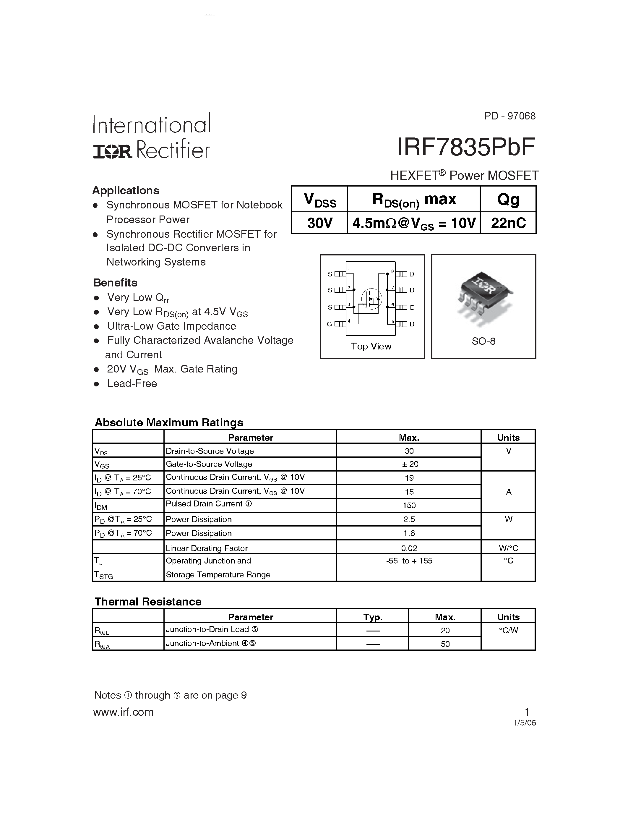 Datasheet IRF7835PBF - HEXFET Power MOSFET page 1
