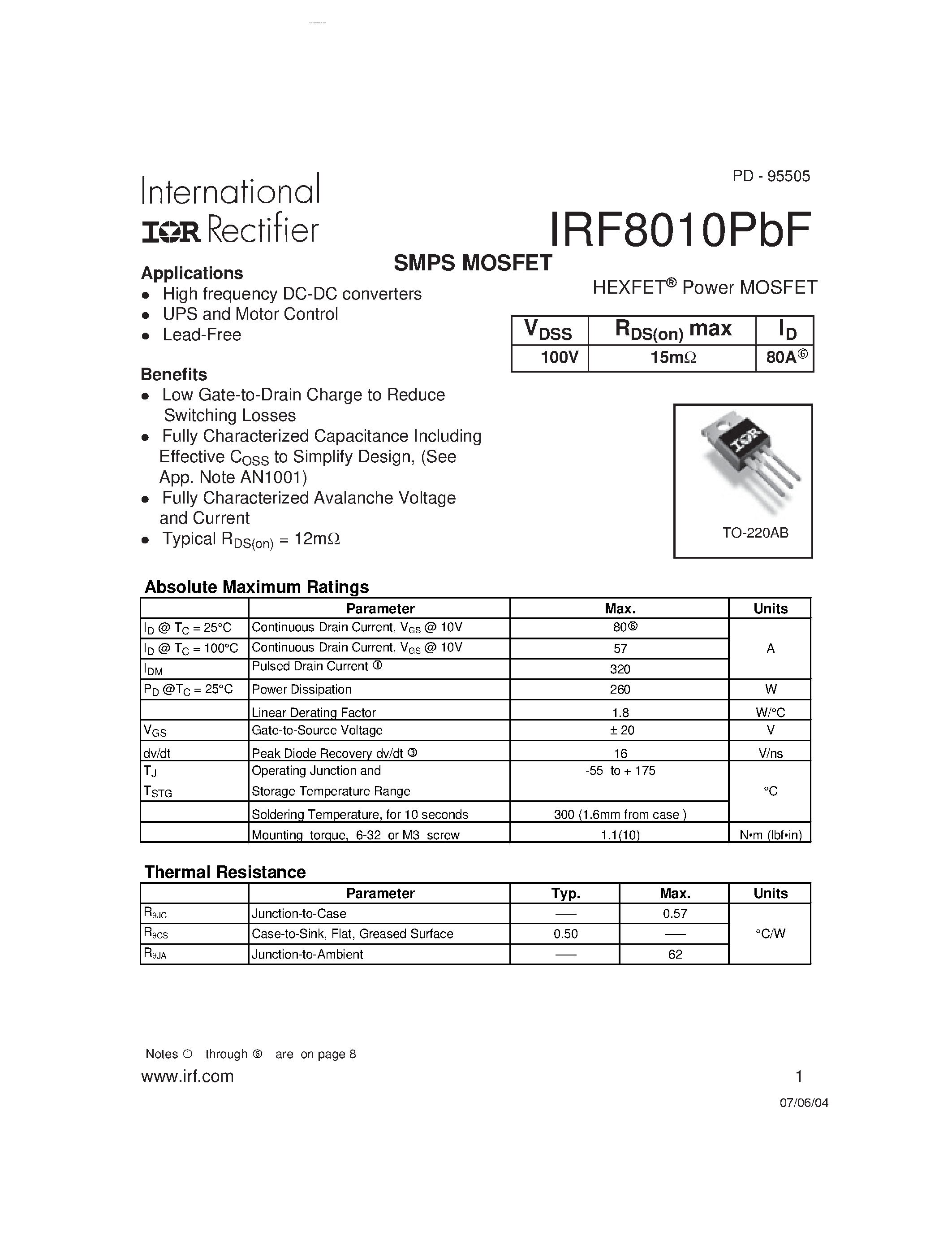Datasheet IRF8010PBF - HEXFET Power MOSFET page 1