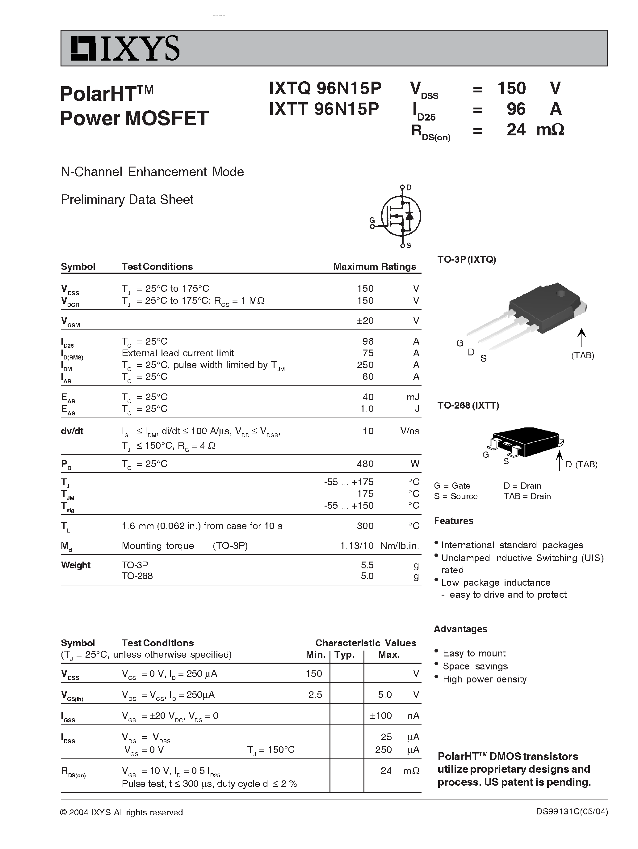 Datasheet IXTQ96N15P - (IXTQ96N15P / IXTT96N15P) N-Channel Enhancement Mode Preliminary Data Sheet page 1