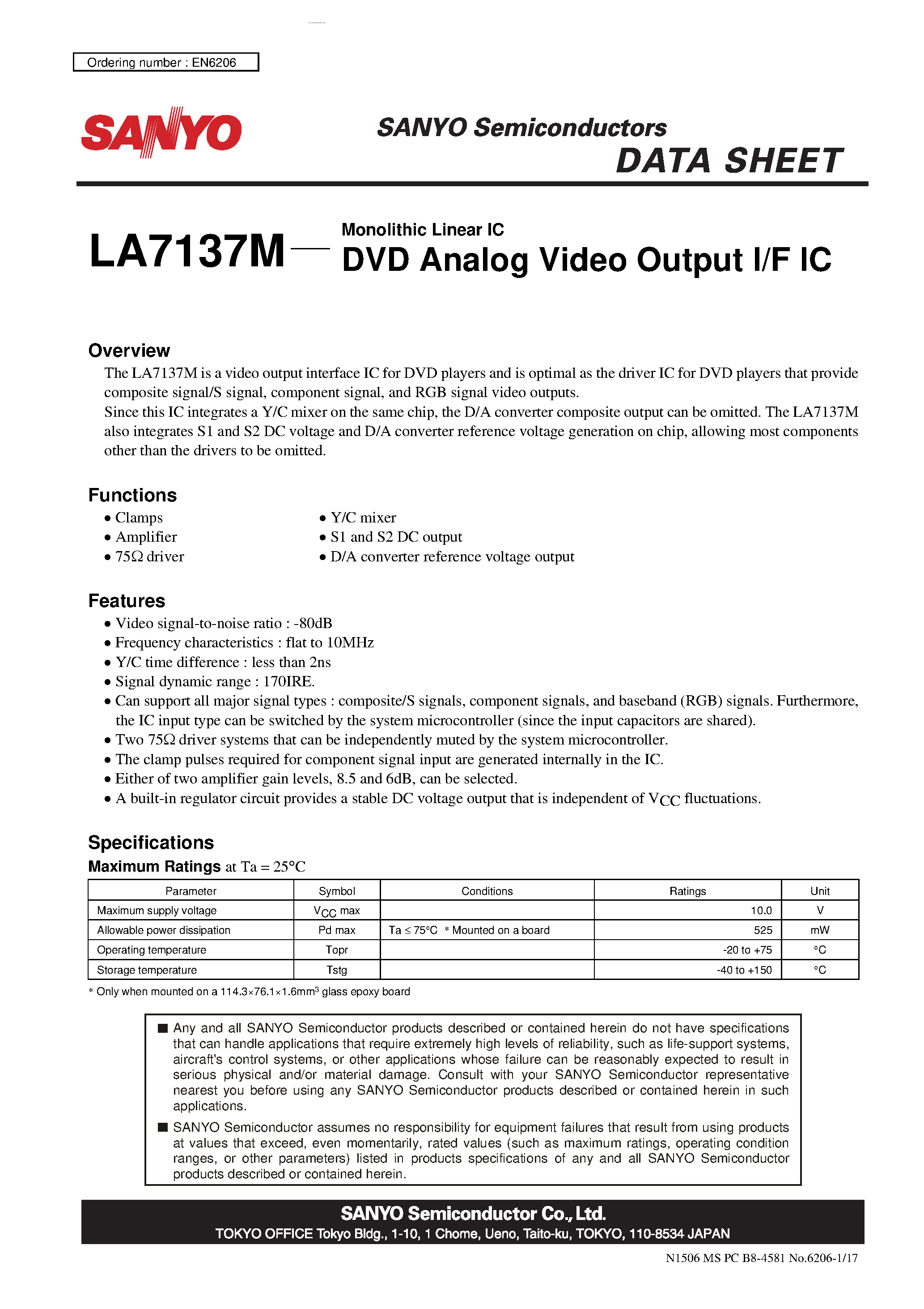 Datasheet LA7137M page 1 Datasheet LA7137M - DVD Analog Video Outpit I/F IC page 1