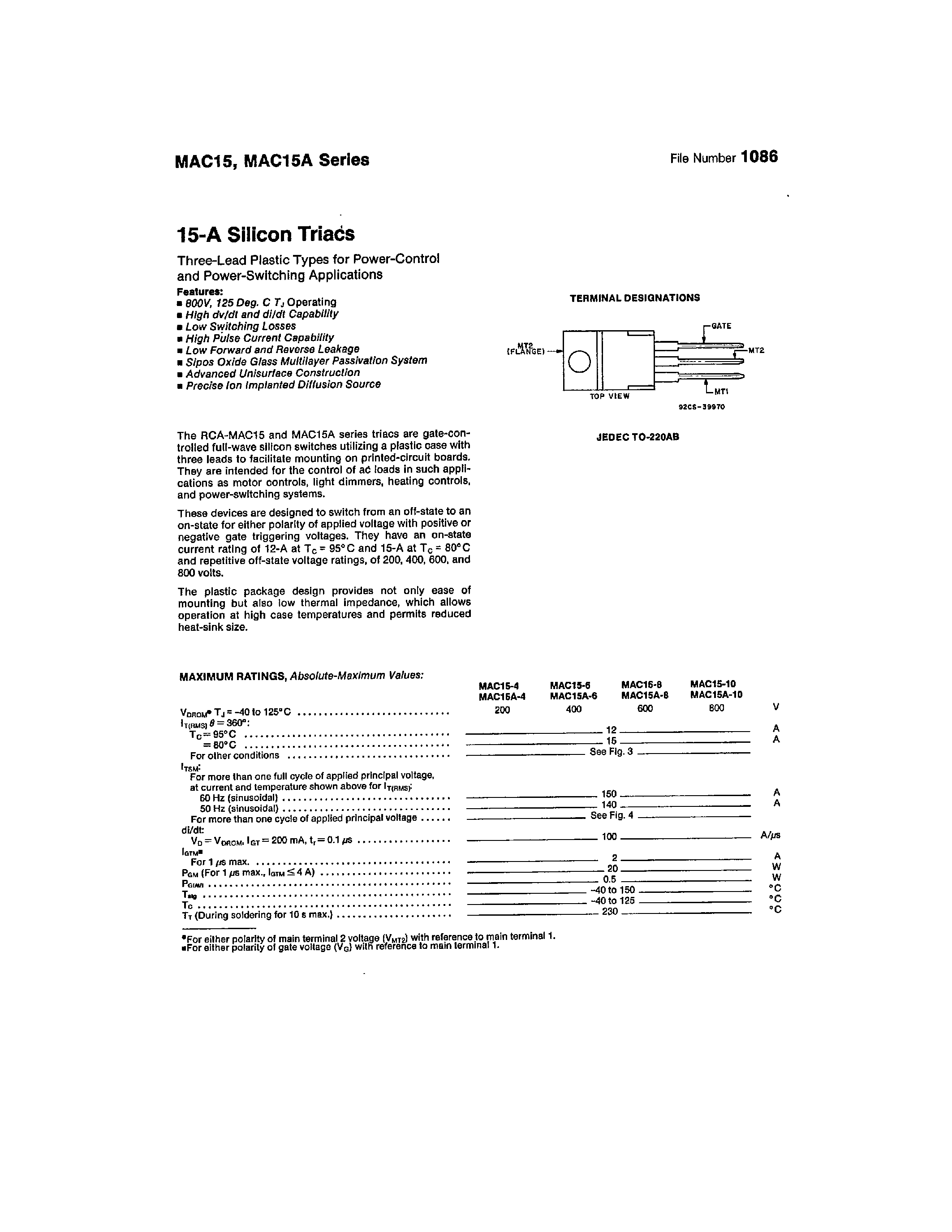 Datasheet MAC15 - Silicon Triacs page 1