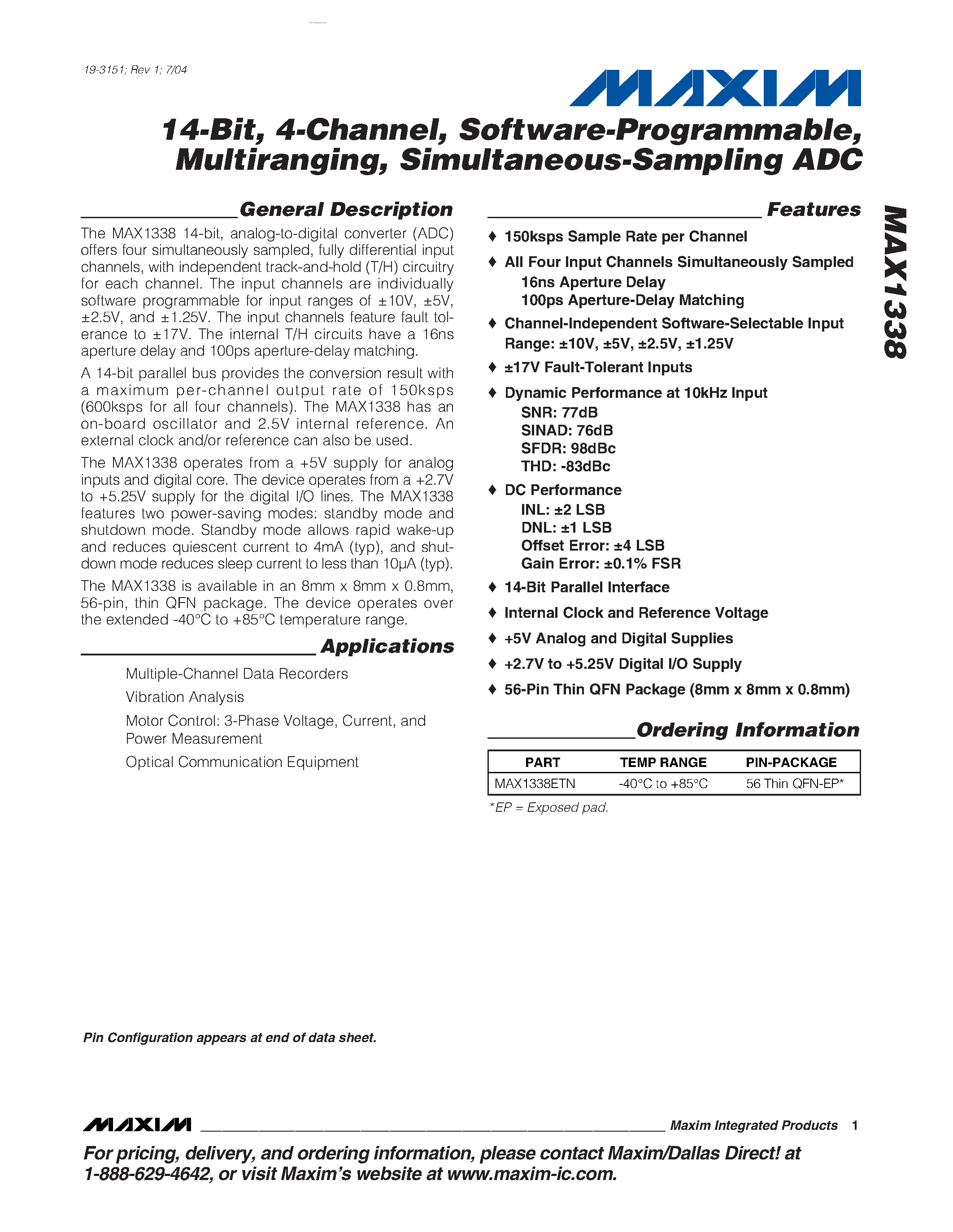 Datasheet MAX1338 - Simultaneous-Sampling ADC page 1