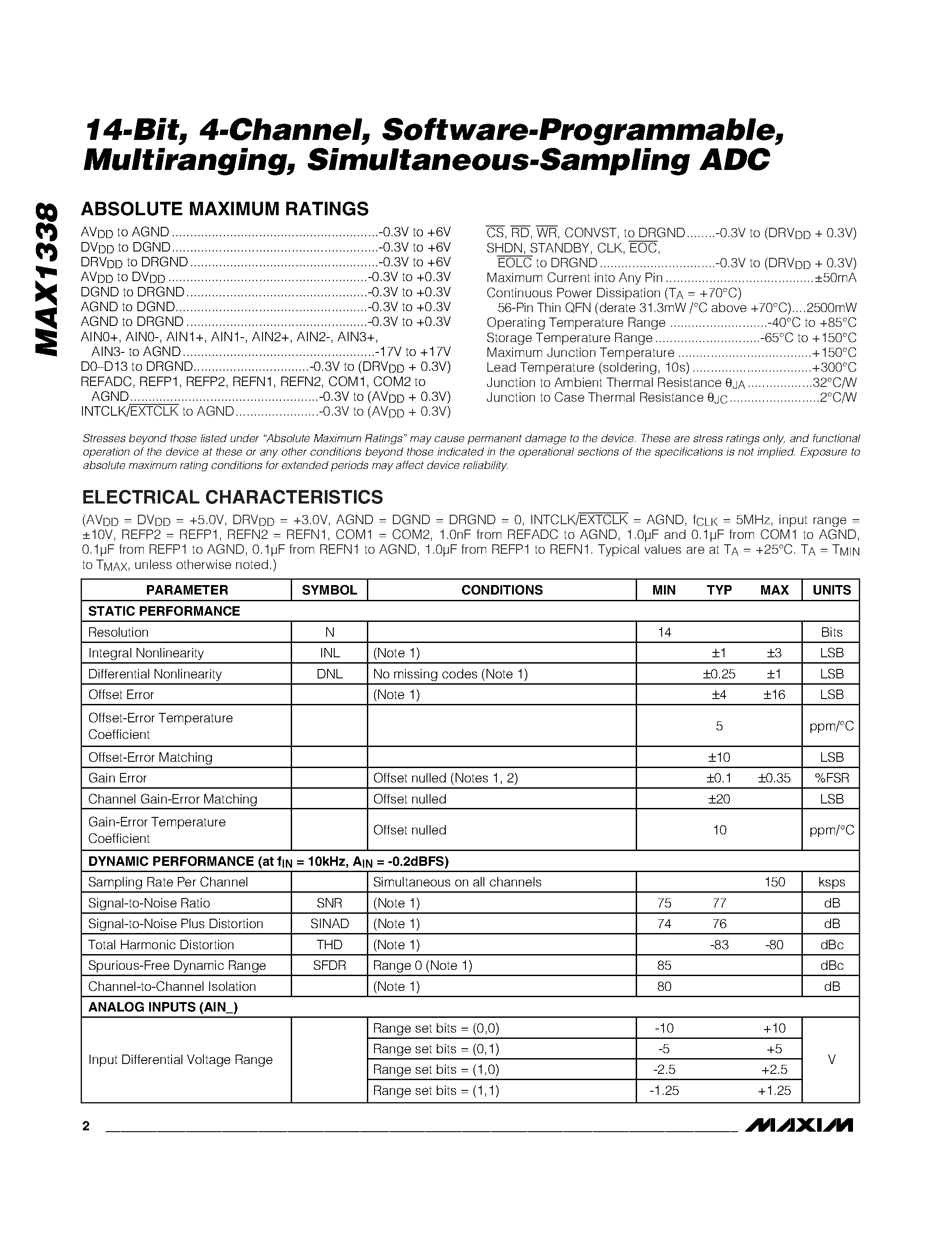Datasheet MAX1338 - Simultaneous-Sampling ADC page 2